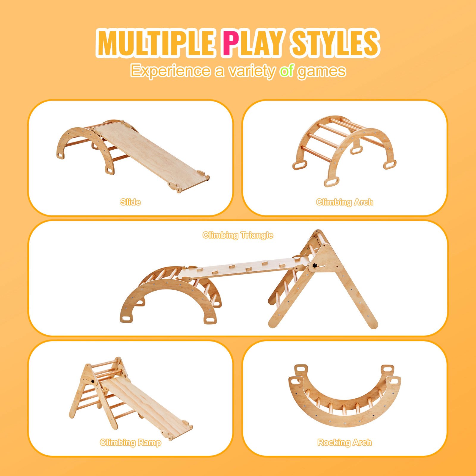 HONGGE Pikler Triangle Set 5 in 1 Toddler Climbing Toys Indoor Playground Ramp and Arch Montessori Climbing Set with