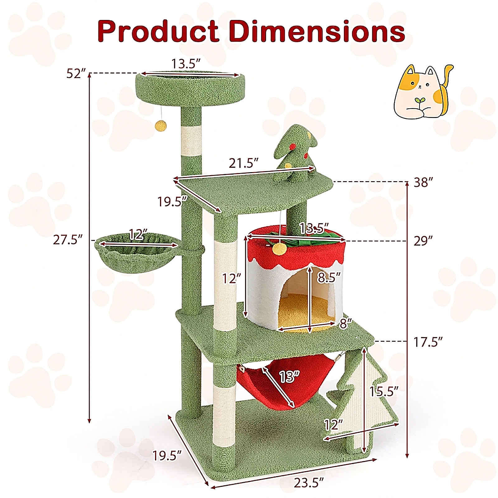 SUGIFT Christmas Cat Tree with Gift Box Shaped Condo & Sisal Scratching Posts 52-in Tall 22-lb Capacity Green Red Yellow