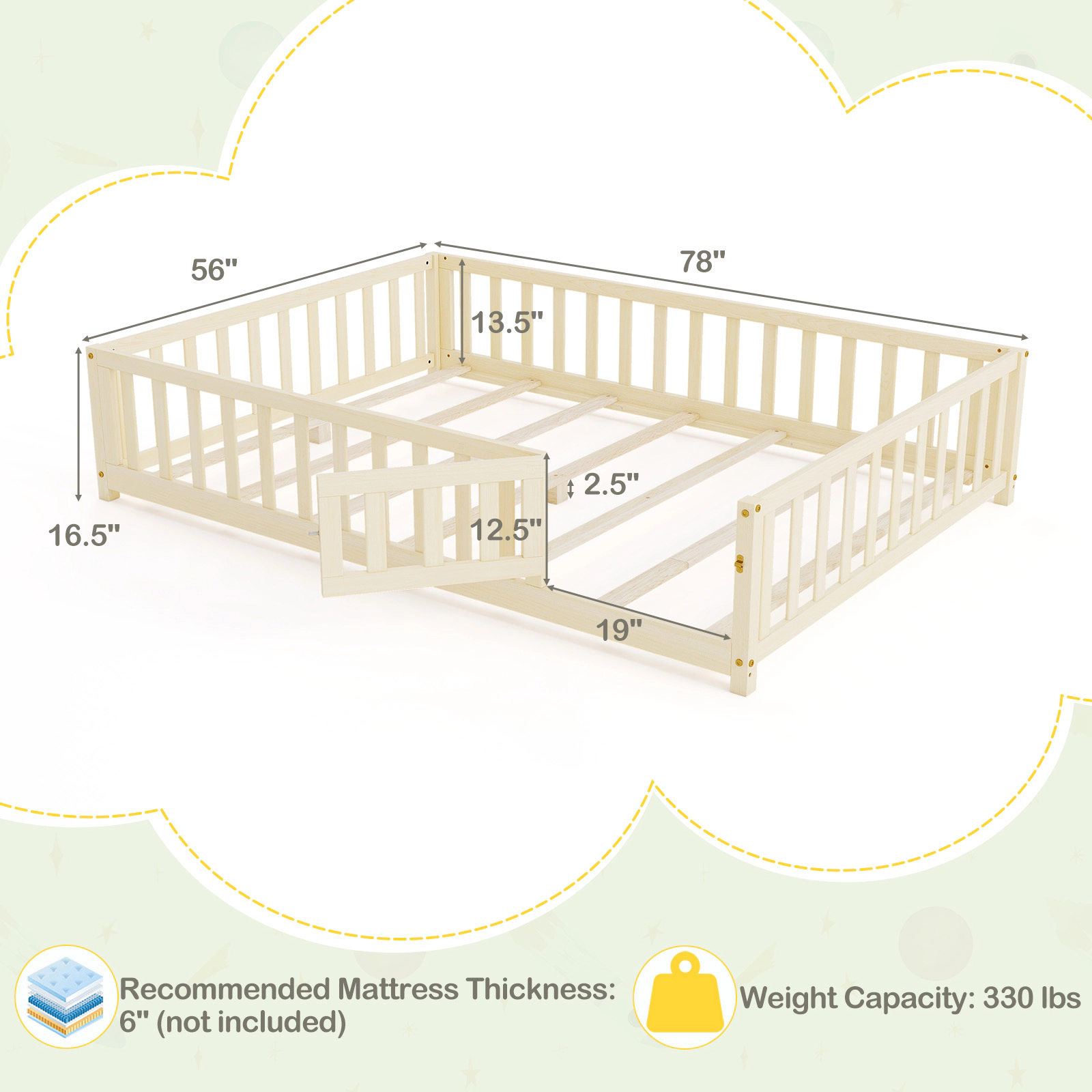 SUGIFT Natural Full-Length Guardrails Safety Door and Latch 330-lb Full Kids Montessori Bed Frame