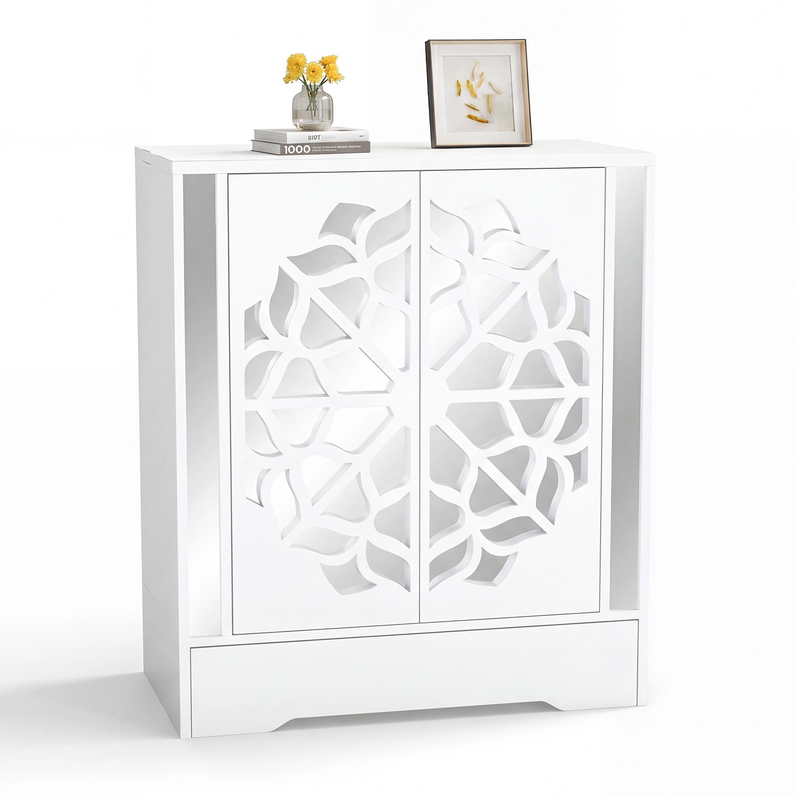 Glintex Mirrored Shoe Cabinet with Hollow-Carved Doors and Push-to-Open Fronts, White