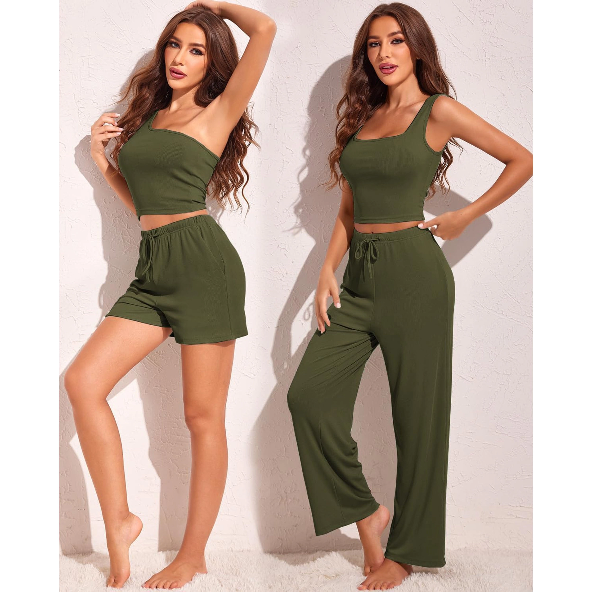 Ekouaer Womens 4 Piece Lounge Sets Ribbed Knit Crop Tank Top and Shorts Pants Casual Outfits