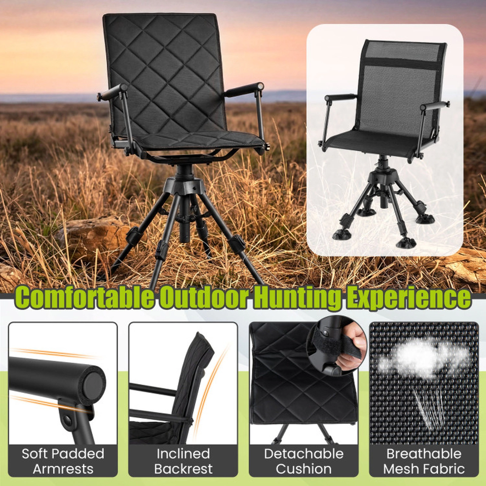 SUGIFT Black 5-Level Adjustable Silent Swivel Hunting Chair with Duck Feet 21.5-in W 330-lb Seat Capacity