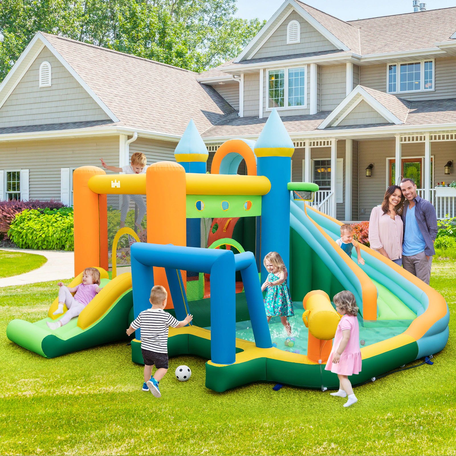 SUGIFT Inflatable Bounce House with 147-in Dual Water Slides and Splash Pool for Backyard Play