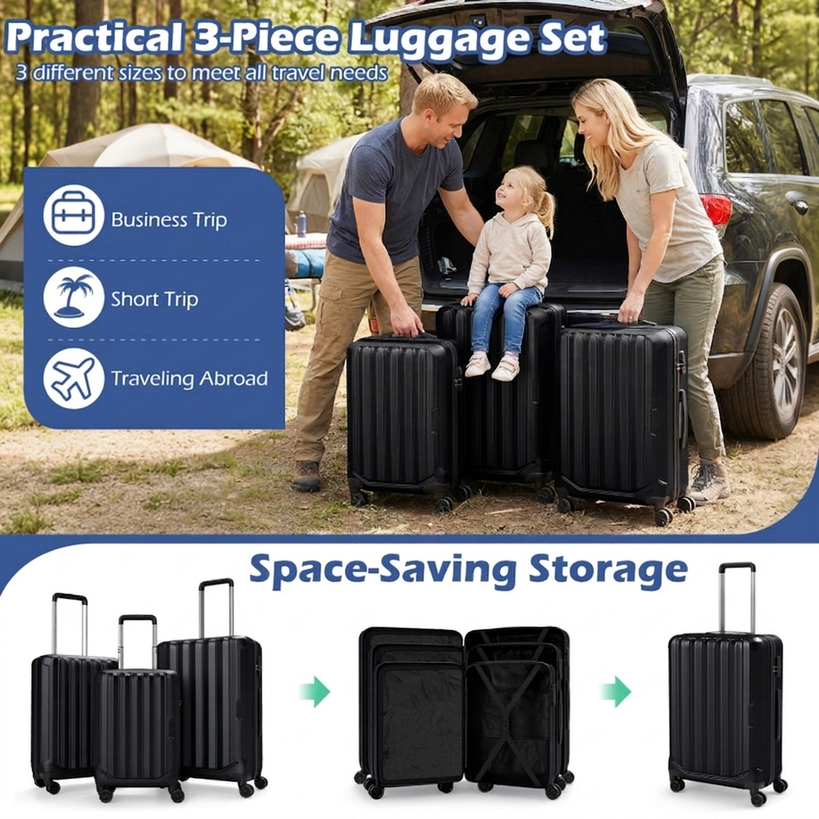 SUGIFT Black 3-Digit Lock 3-Piece Hardside Luggage Set 20-in 24-in 28-in Lightweight ABS Spinner Suitcases