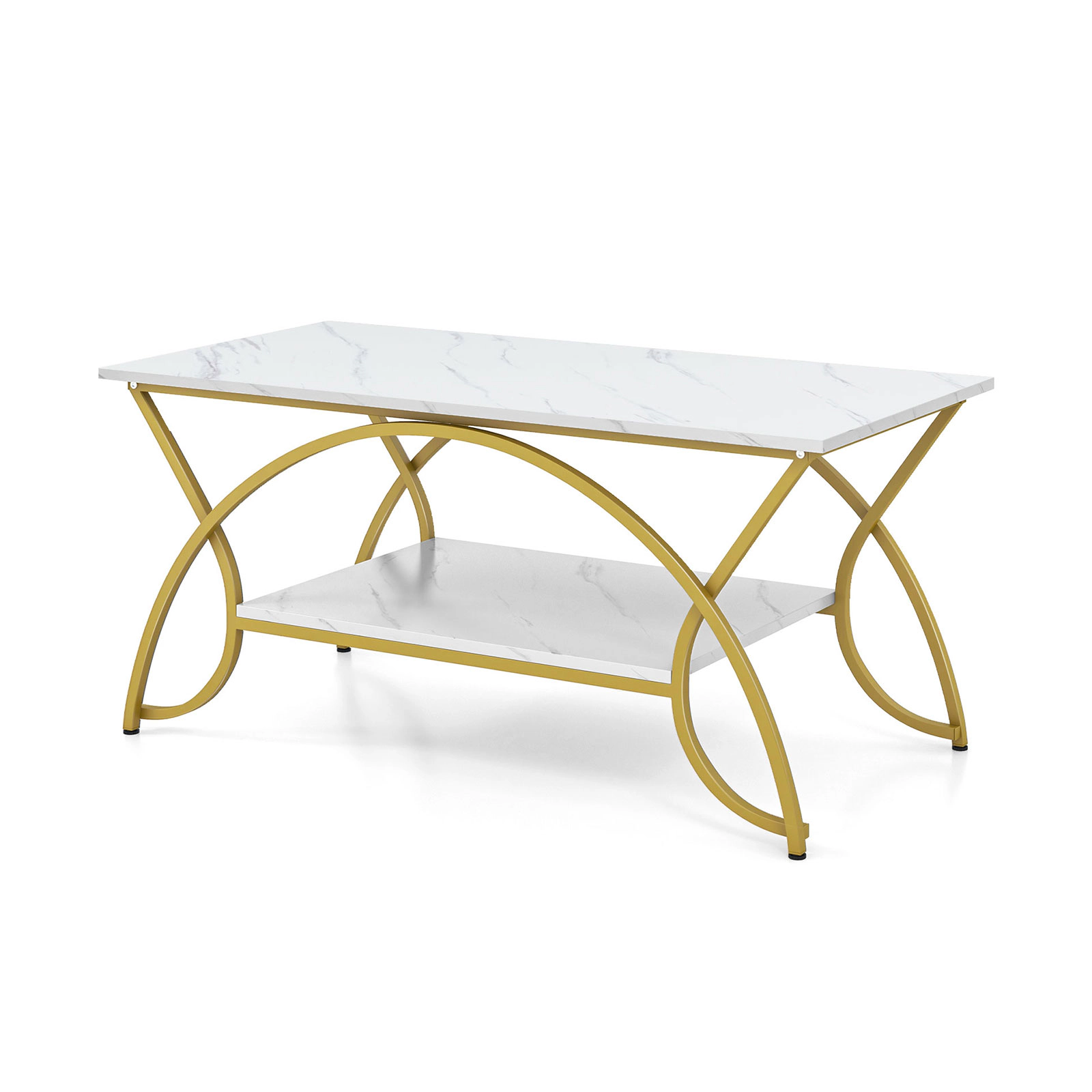 SUGIFT 2-Tier Rectangular Coffee Table with 39.5-in Top 110-lb Tabletop Capacity Golden White Marble Pattern Top