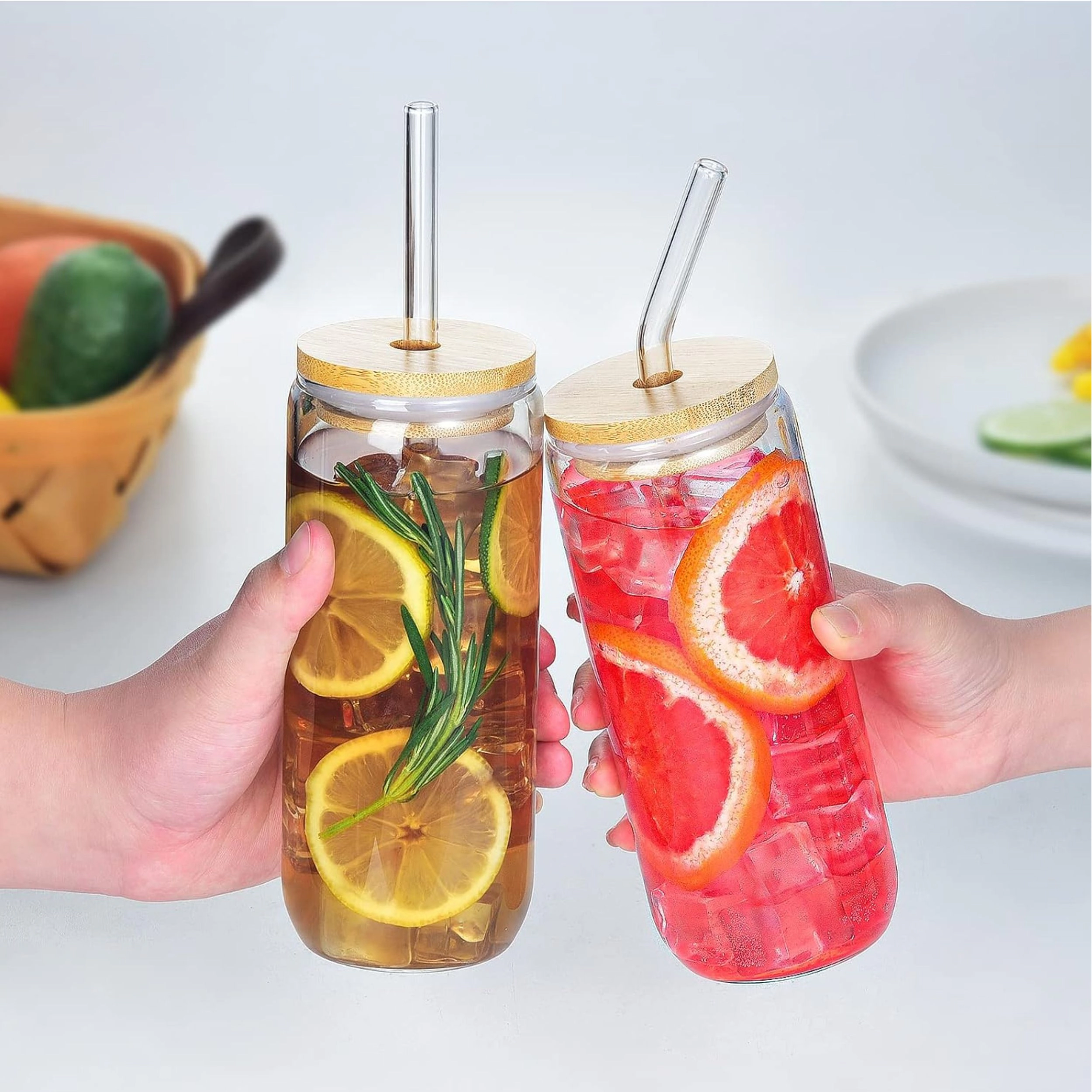 Stock Preferred Pack of 6 Clear Drinking Glasses with Bamboo Lids and Straws 20 Oz