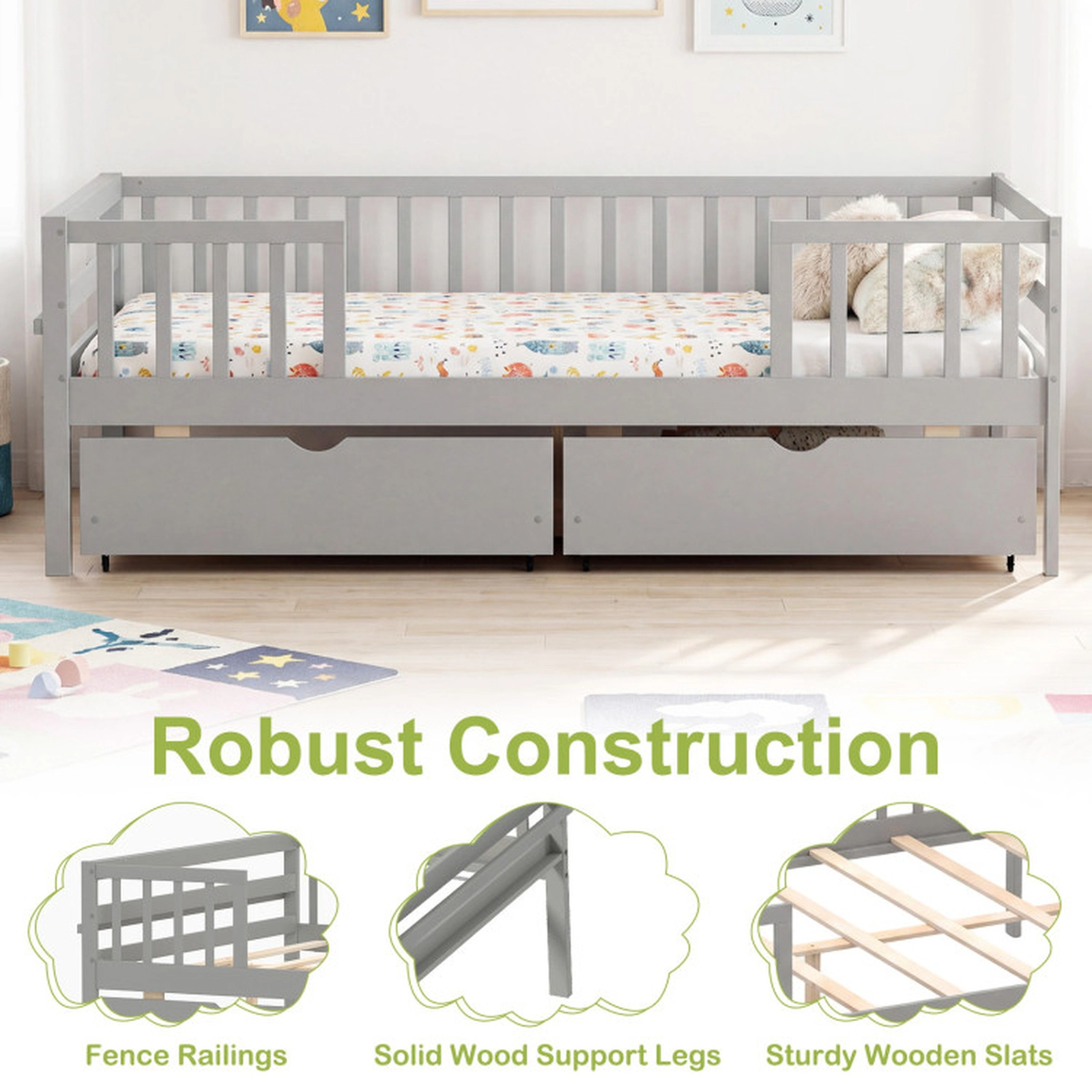 SUGIFT Gray Full-Length Fence and 2 Rolling Storage Drawers Full Size Kids Daybed
