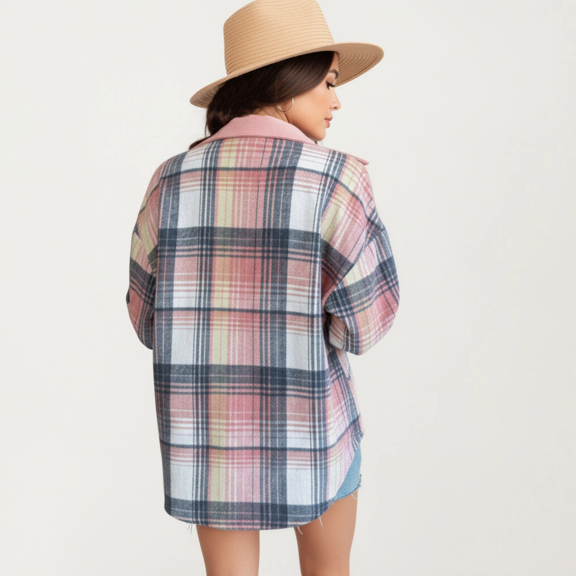 Anna-Kaci Women's Plaid Button Front Shirt Jacket with Soft Corduroy Contrast Long Sleeves Chest Pocket Detail