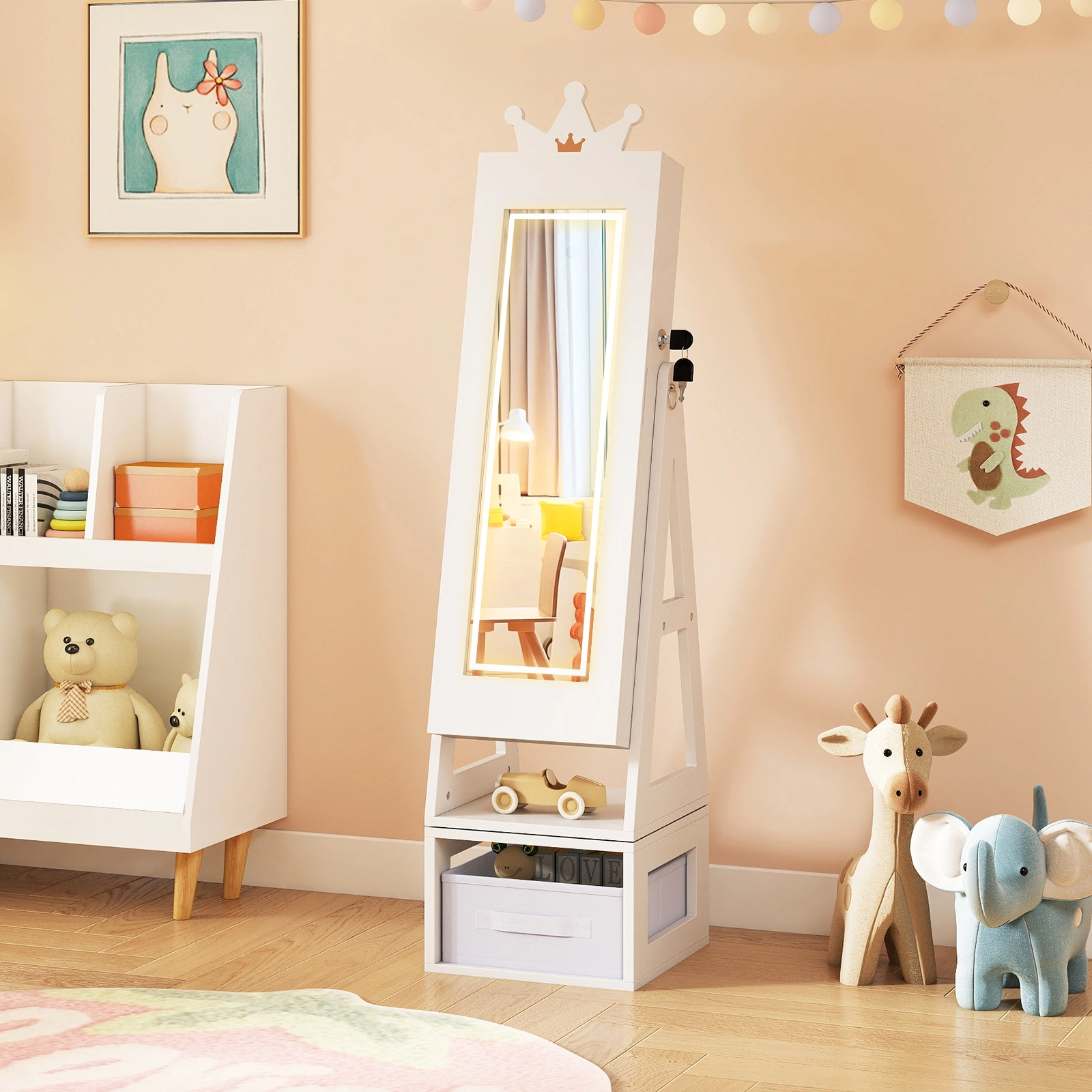 SUGIFT 3-in-1 Kids Jewelry Cabinet with Lighted Full-Length Mirror 47-in Standing Armoire and Rack