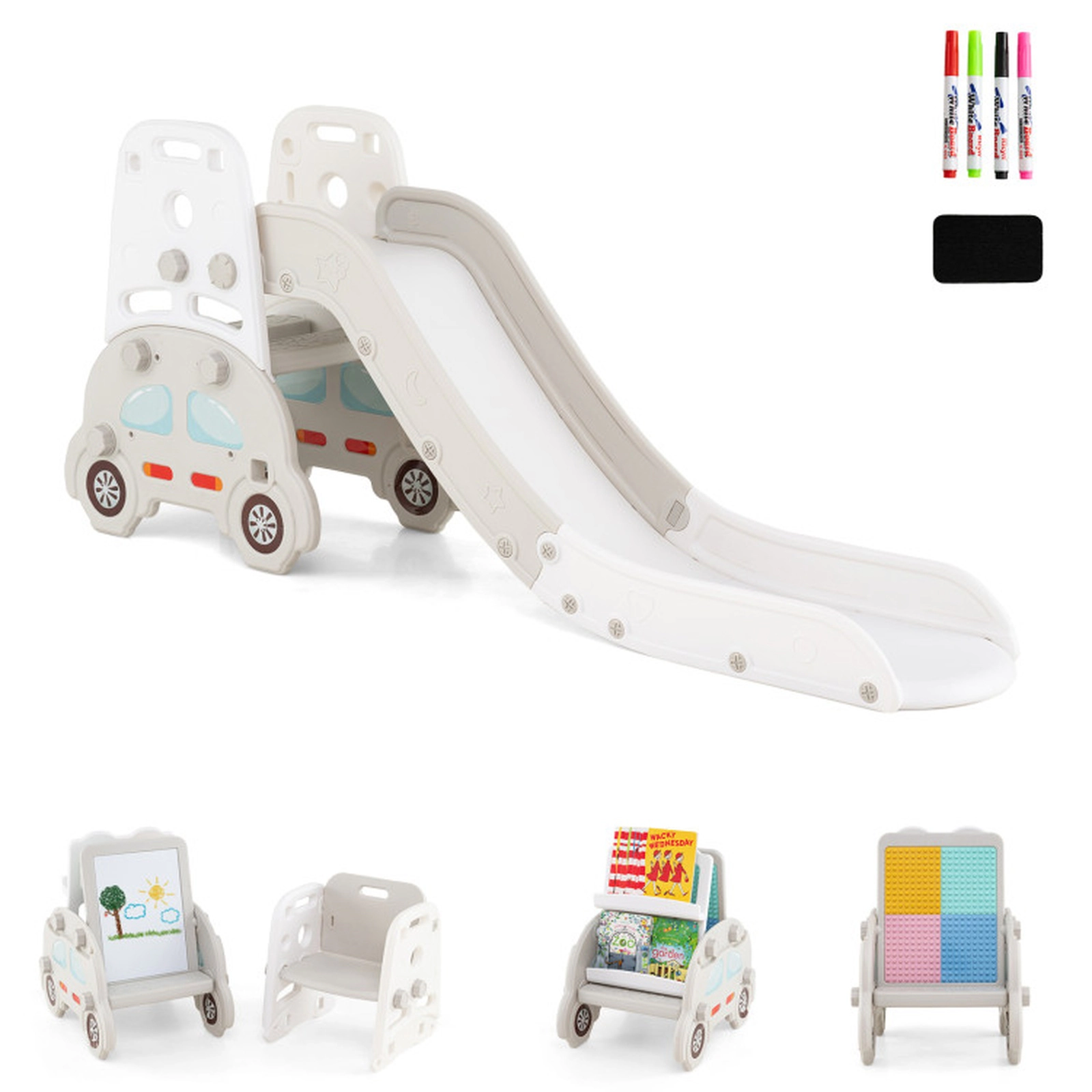 SUGIFT 5-in-1 Convertible Toddler Slide & Climber Set with Kids Art Easel Stool & Book Rack 66-lb Slide Capacity Ages 3+