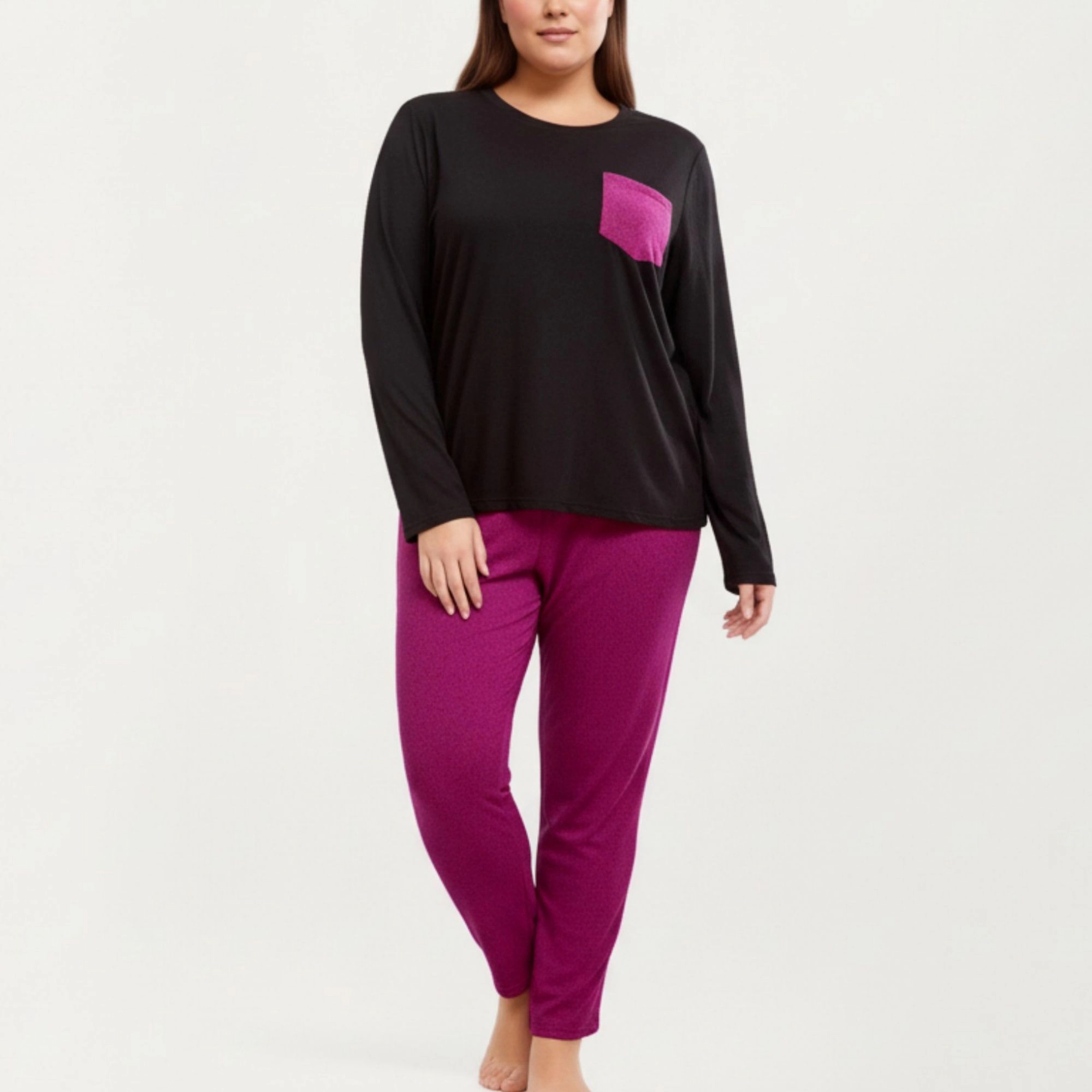 Anna-Kaci Women's 2-Piece Long Sleeve Knit Top Contrast Pocket and Soft Stretch Pajama Pants Relaxed Tapered Fit