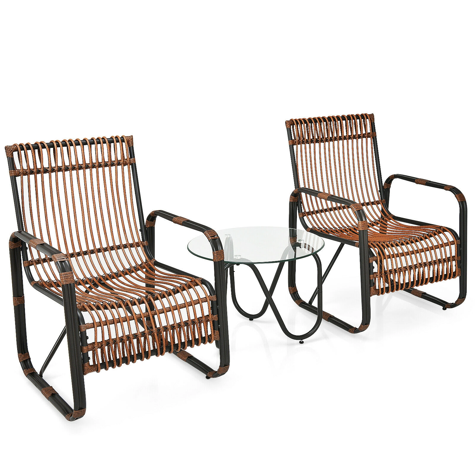 SUGIFT 3-Piece Patio Rattan Conversation Set with 2 Single Chairs & Glass Side Table 250-Lb Chair Capacity Brown & Black
