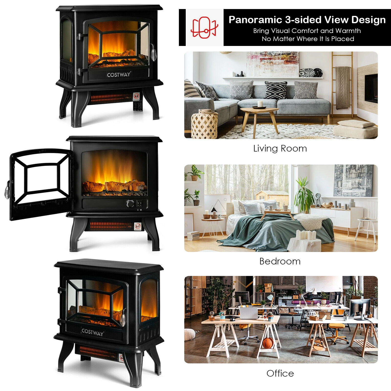 LJG Freestanding Fireplace Heater with Realistic Dancing Flame Effect