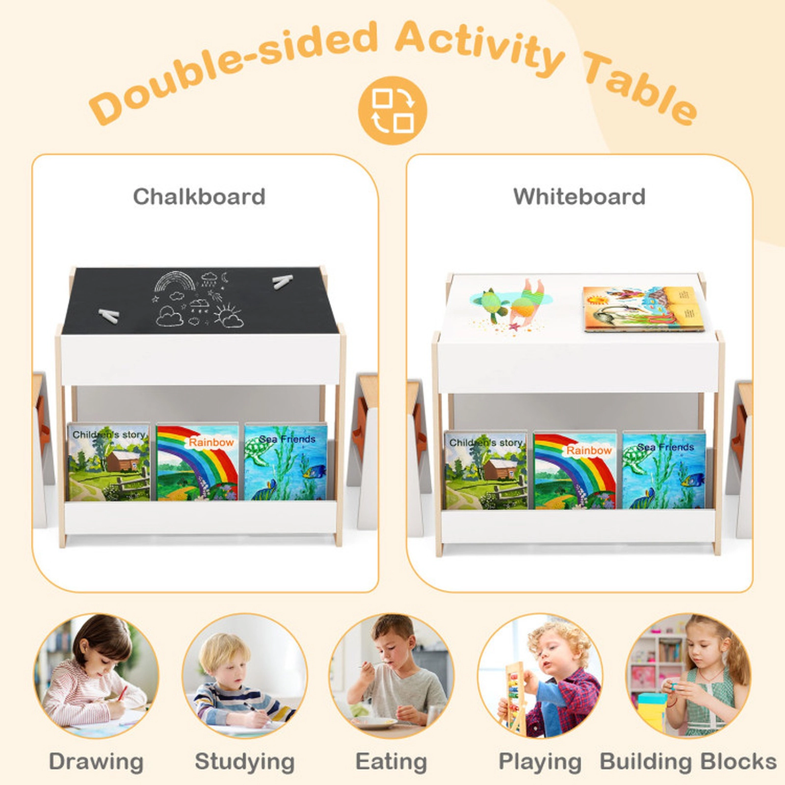 SUGIFT Natural Reversible Top and Fabric Bins Kids 4-in-1 Activity Table and 2 Chairs Set