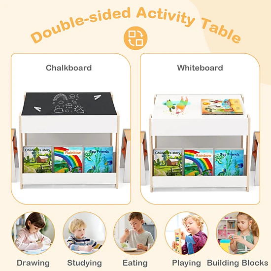 SUGIFT Natural Reversible Top and Fabric Bins Kids 4-in-1 Activity Table and 2 Chairs Set