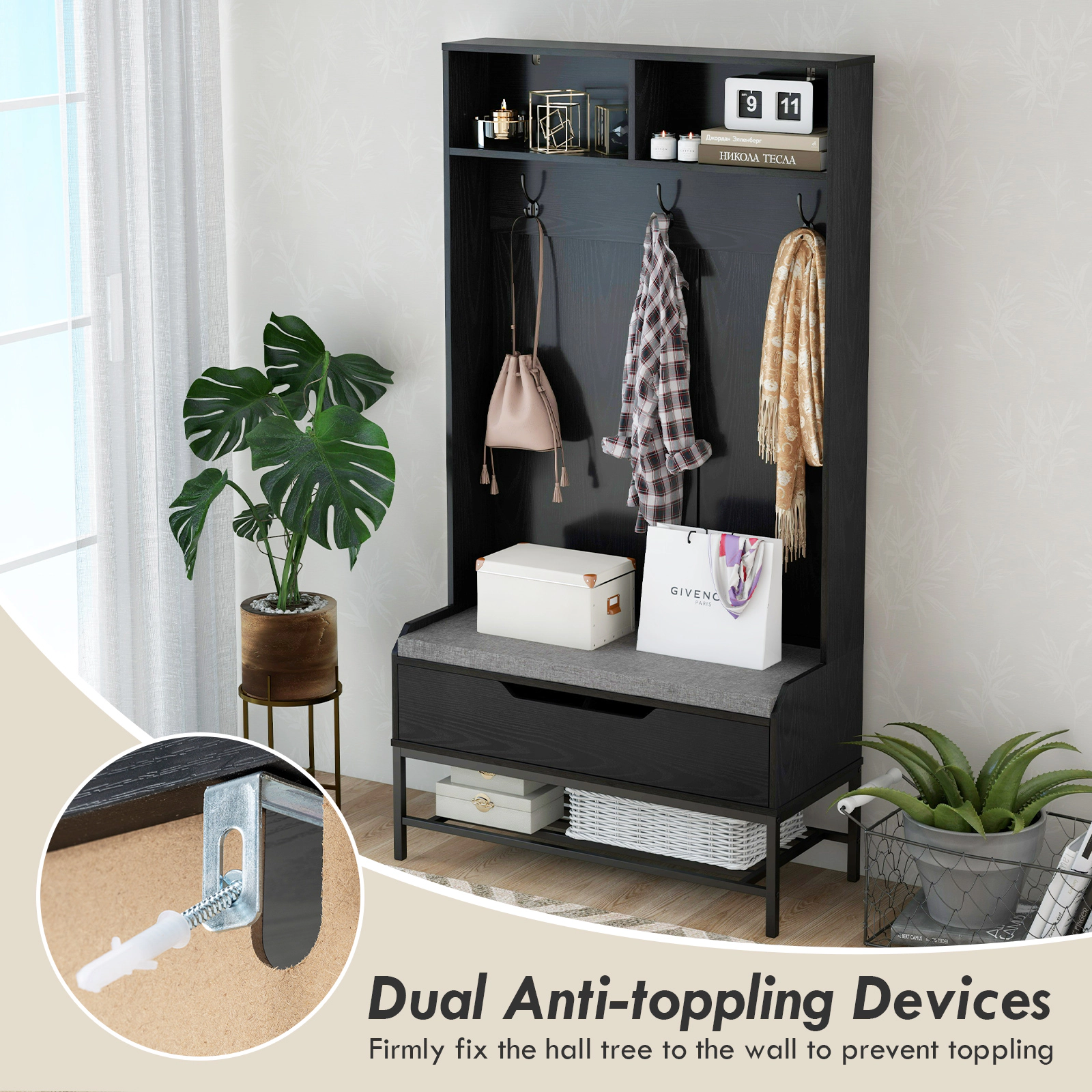 Hivvago 69 Inches Tall Hall Tree 4-in-1 Coat Rack with Seat Cushion and Shoe Storage