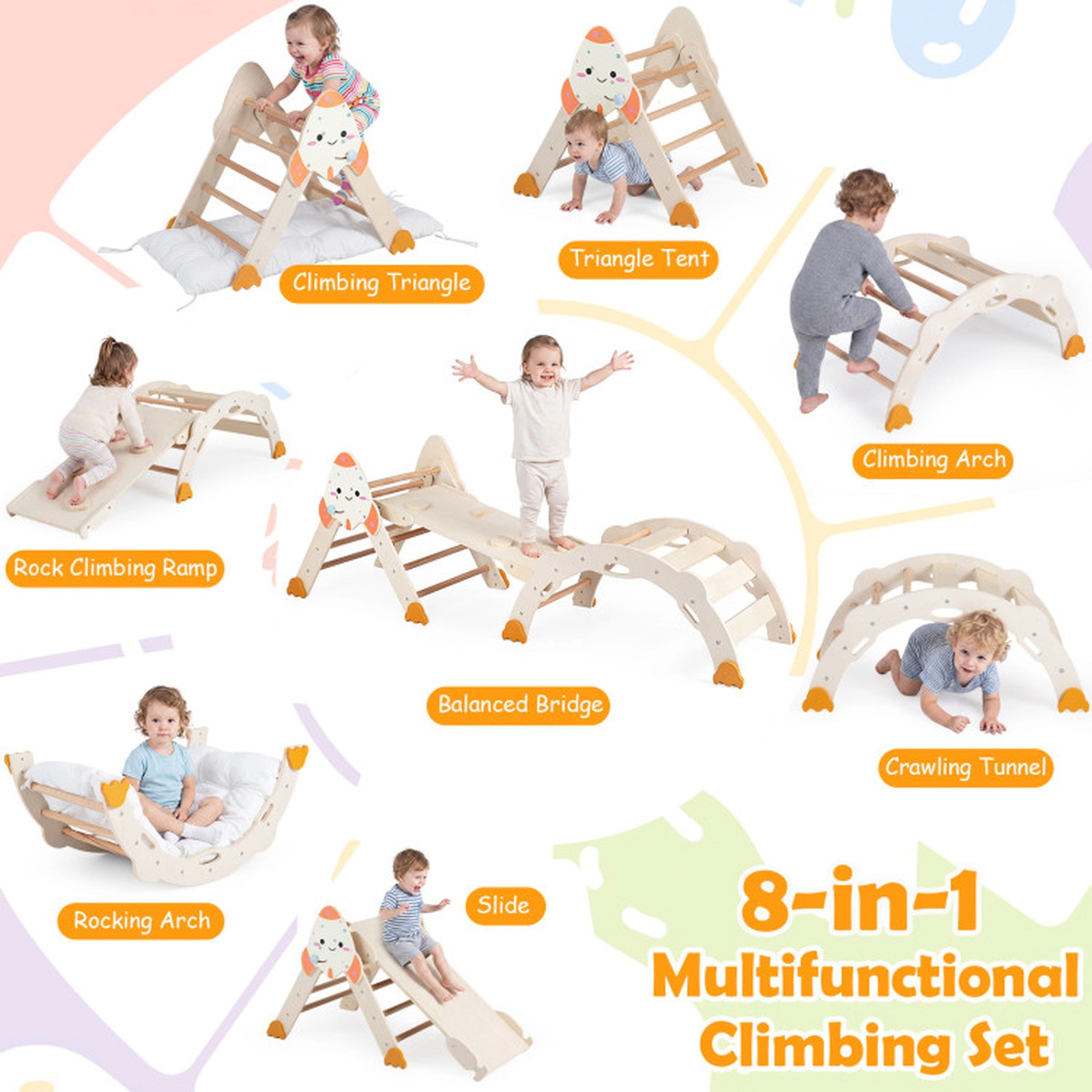 SUGIFT 8-in-1 Foldable Climbing Triangle Arch and Balance Bridge 330-lb Capacity Ages 1+ Rocket-Themed Natural