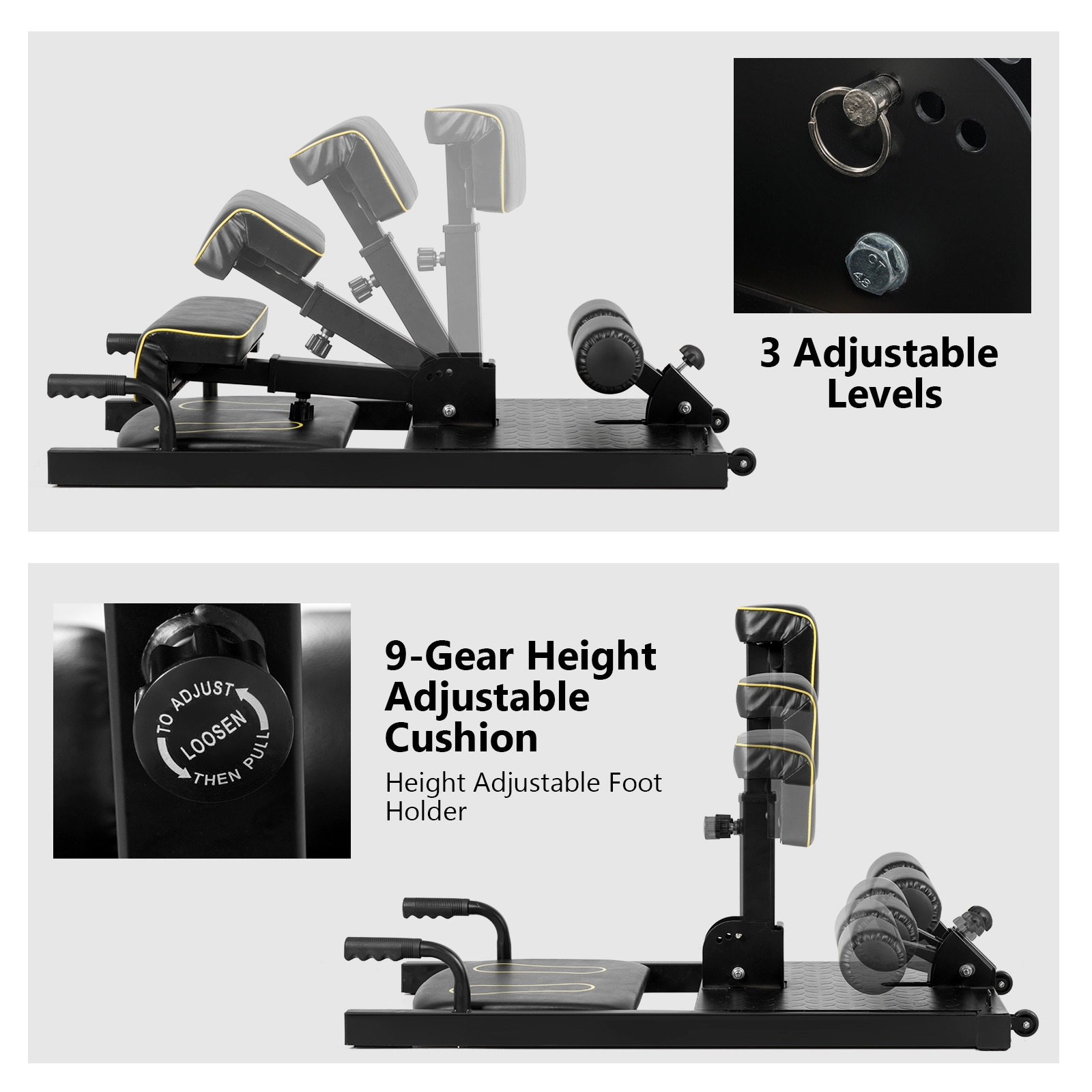 SUGIFT Black 8-in-1 Sissy Squat Machine with Padded Rollers and Tension Ropes 39-in W 20-in D 220-lb User Capacity