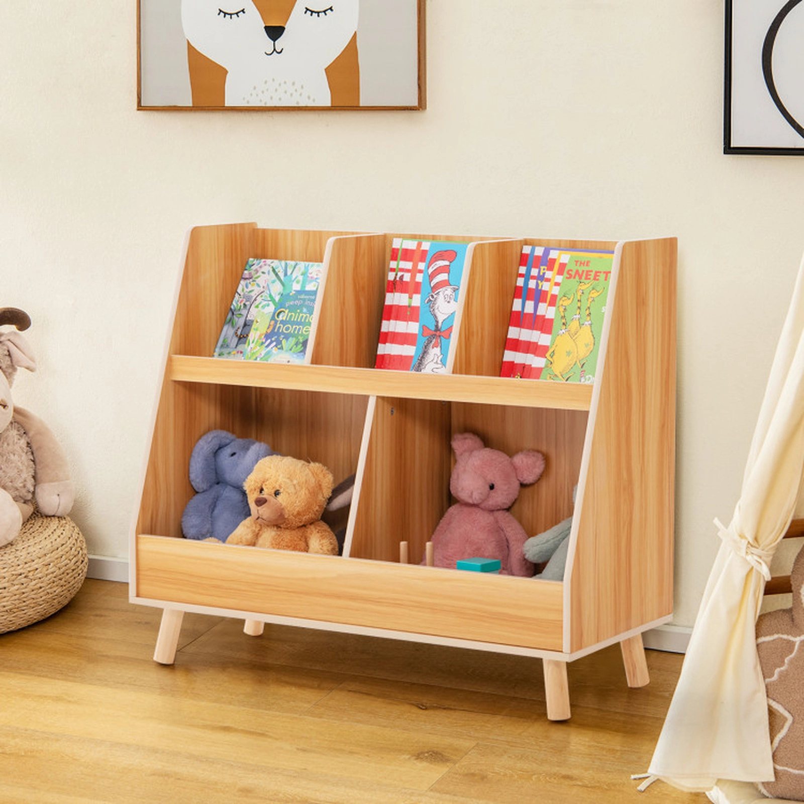 SUGIFT 5-Cube 68-lb Capacity 28-in Kids Bookshelf and Toy Organizer with Anti-Tipping Kits and Wood Legs