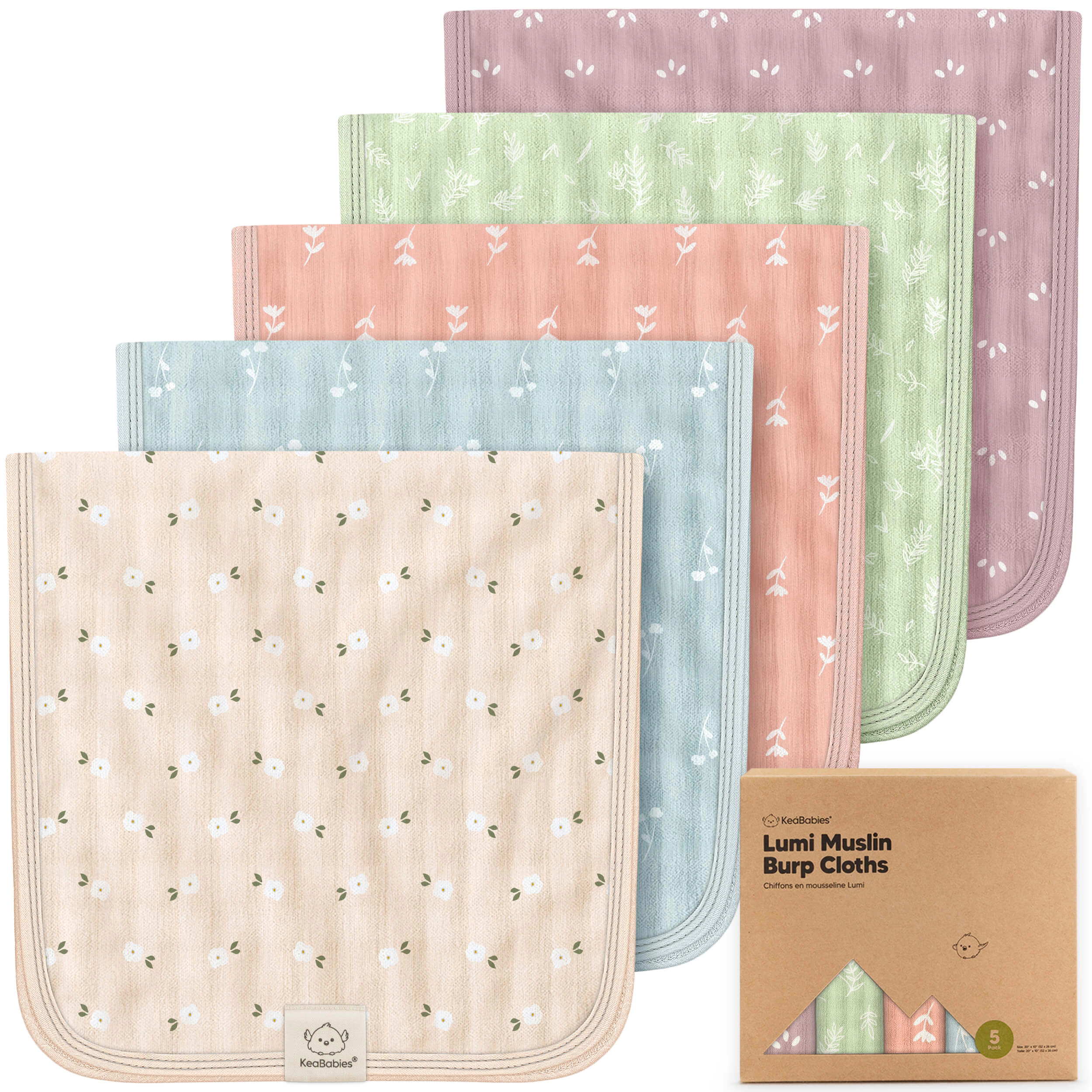 KeaBabies 5-Pack Lumi Muslin Burp Cloths