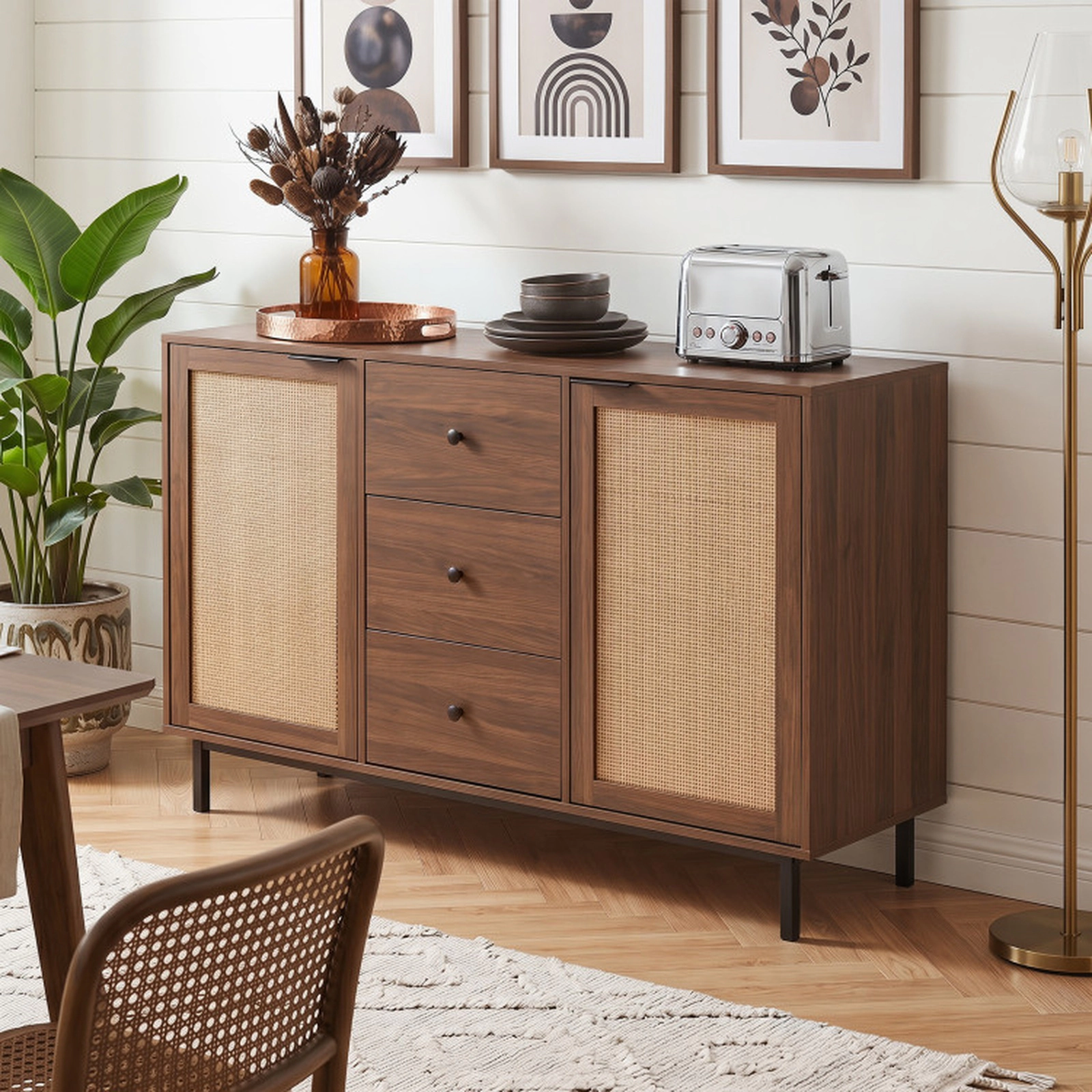 SUGIFT 3-Drawer 2 Rattan Doors Farmhouse Buffet Sideboard Cabinet 47.5-in x 16-in x 31.5-in 110-lb Capacity Brown