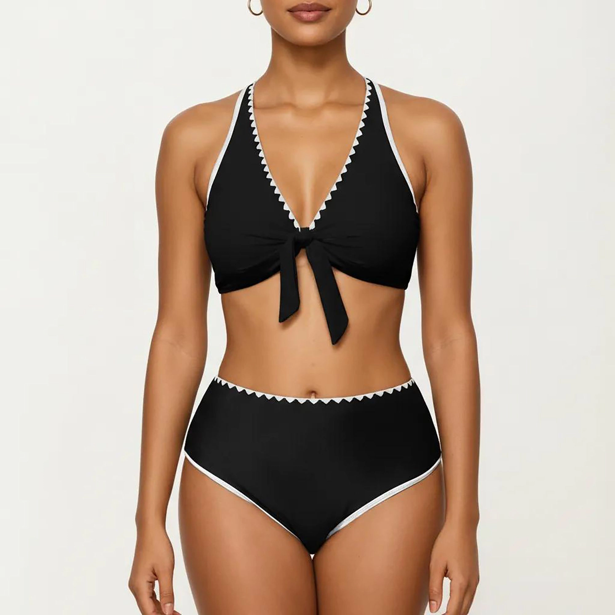 Anna-Kaci Women's 2-Piece Set Tie Front Bikini Top with Scalloped Trim and High-Waisted Bottom