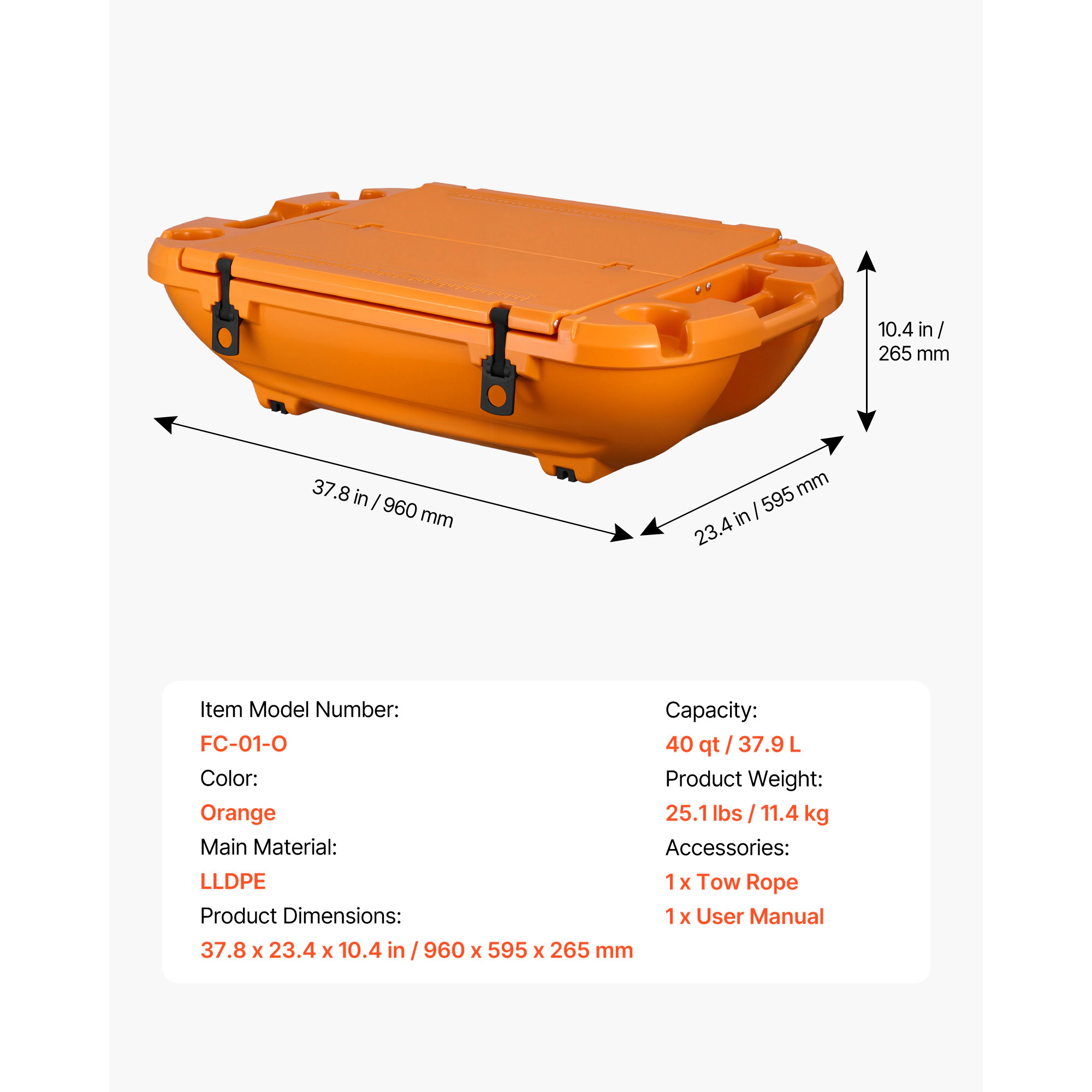 HONGGE 40 QT Floating Cooler with Tow Rope, Boat-Style LLDPE Ice Chest for Lake, River, Pool, Beach & Kayaking