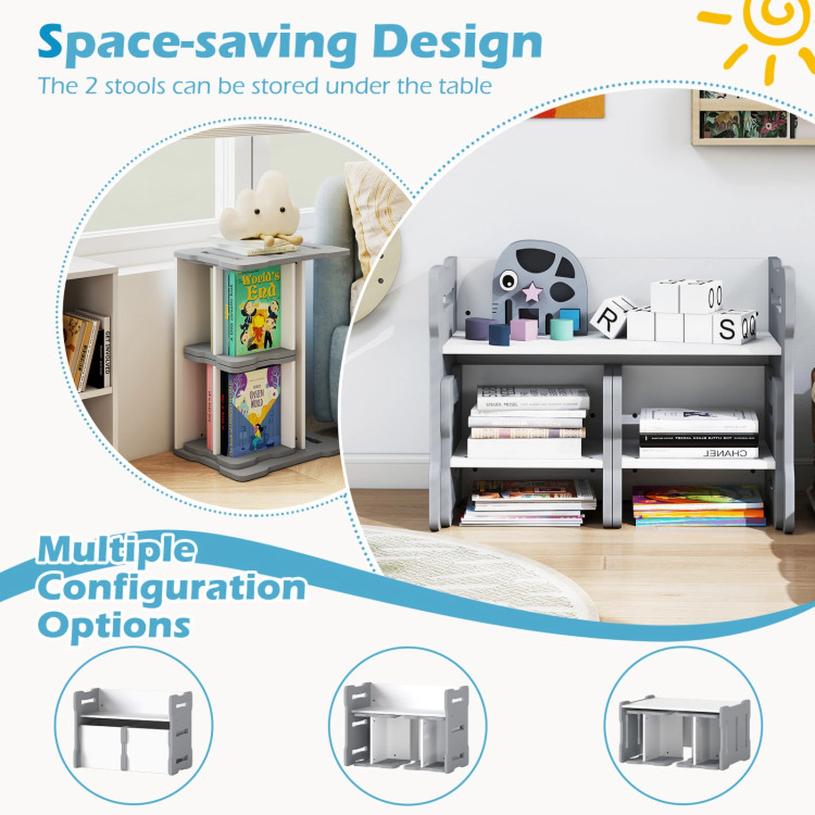 SUGIFT 3-Piece Toddler Study and Activity Table Set with 2 Stools 77-lb Capacity MDF 27-in Desk Gray/Natural