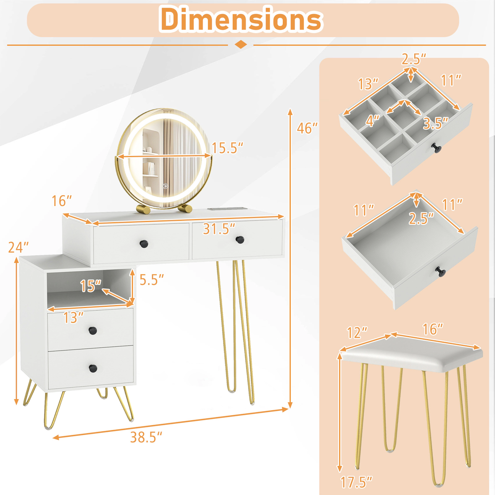 SUGIFT Off White Modern Dressing Vanity Table with Reversible Side Cabinet Jewelry Drawer and LED Mirror