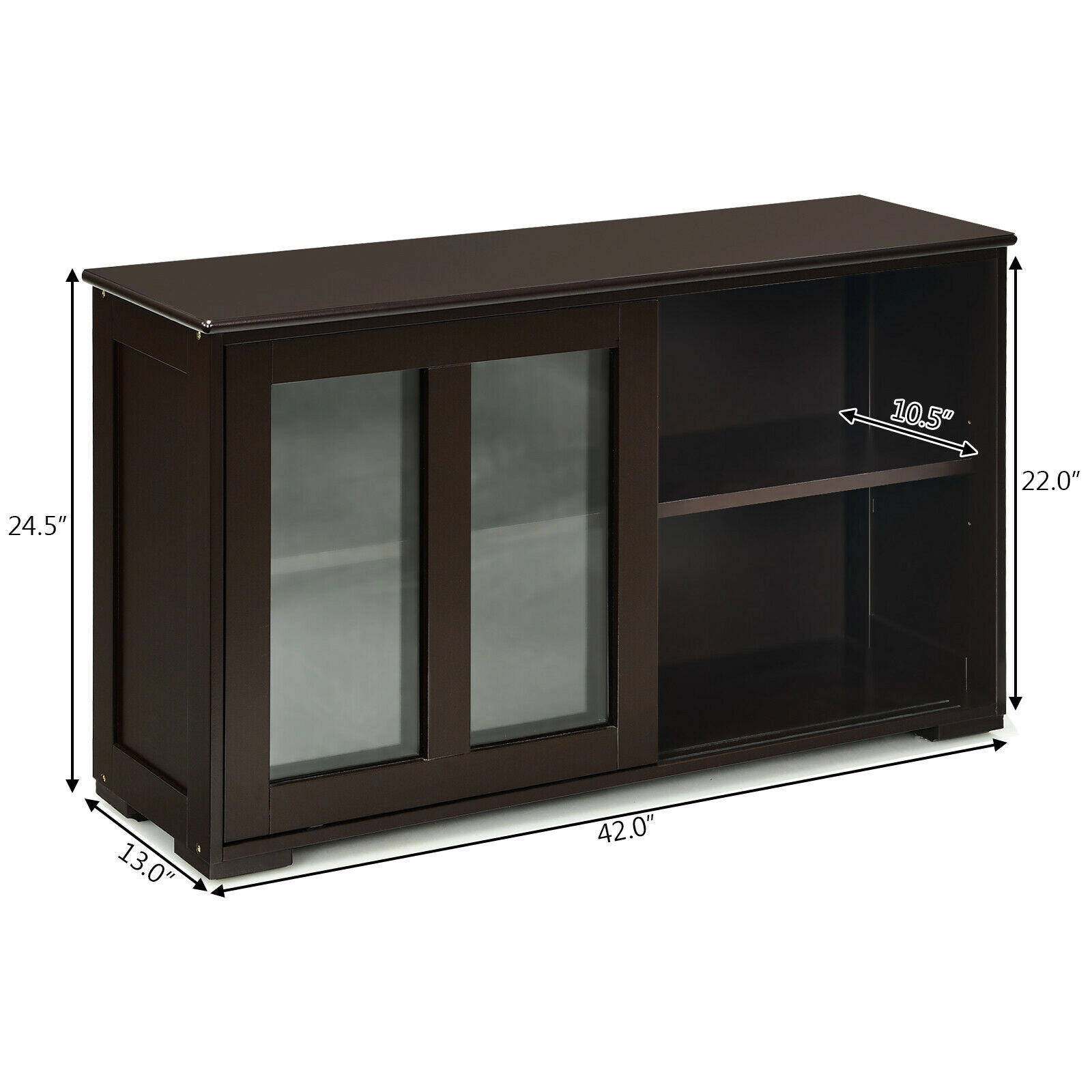SUGIFT Sliding Tempered Glass Doors Adjustable Shelf Sideboard Cupboard 42-in x 13-in x 24.5-in 2 Shelves Brown