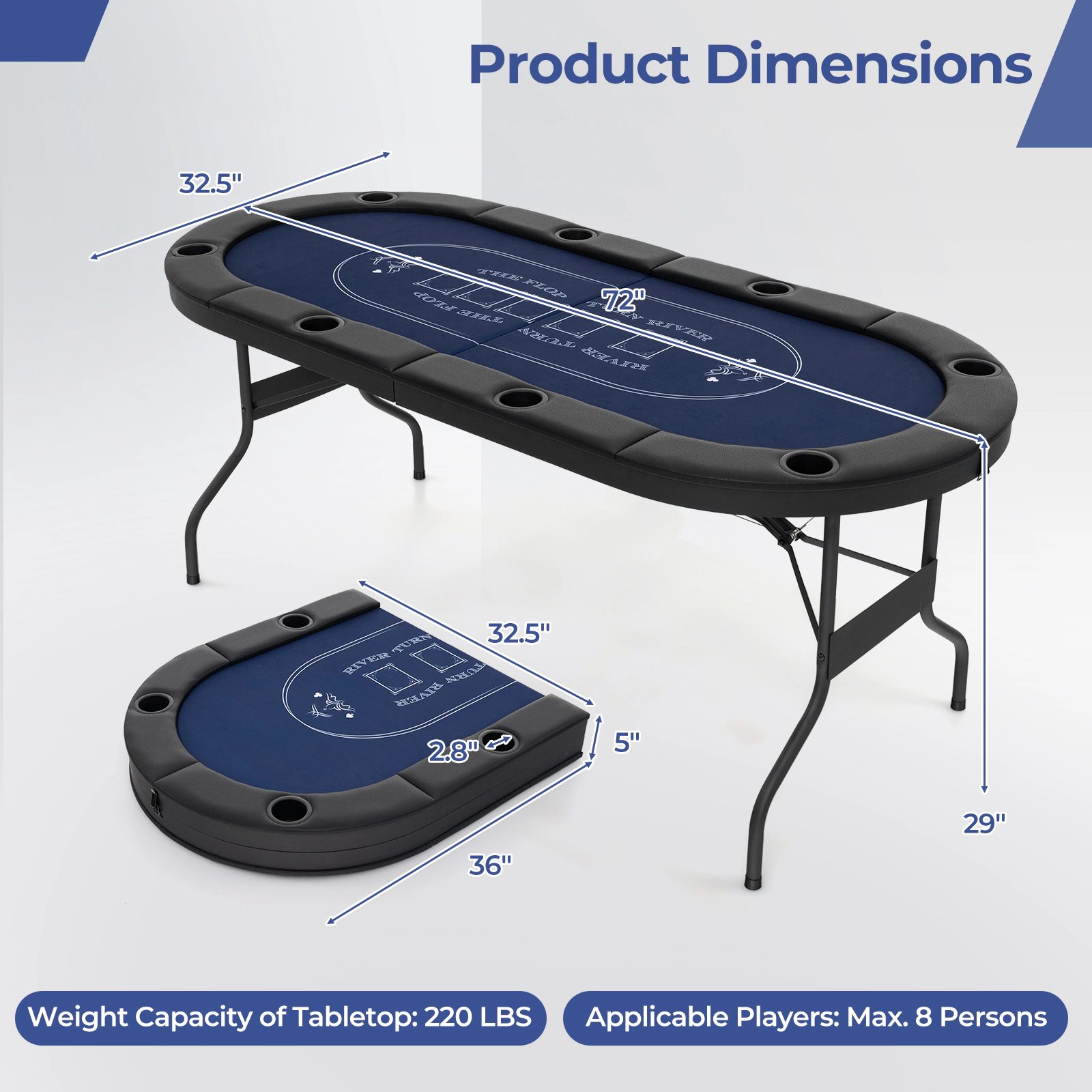 SUGIFT Blue 8-Player Oval Foldable Poker Table with Padded PU Leather Railings 72-in W 32.5-in D 29-in H