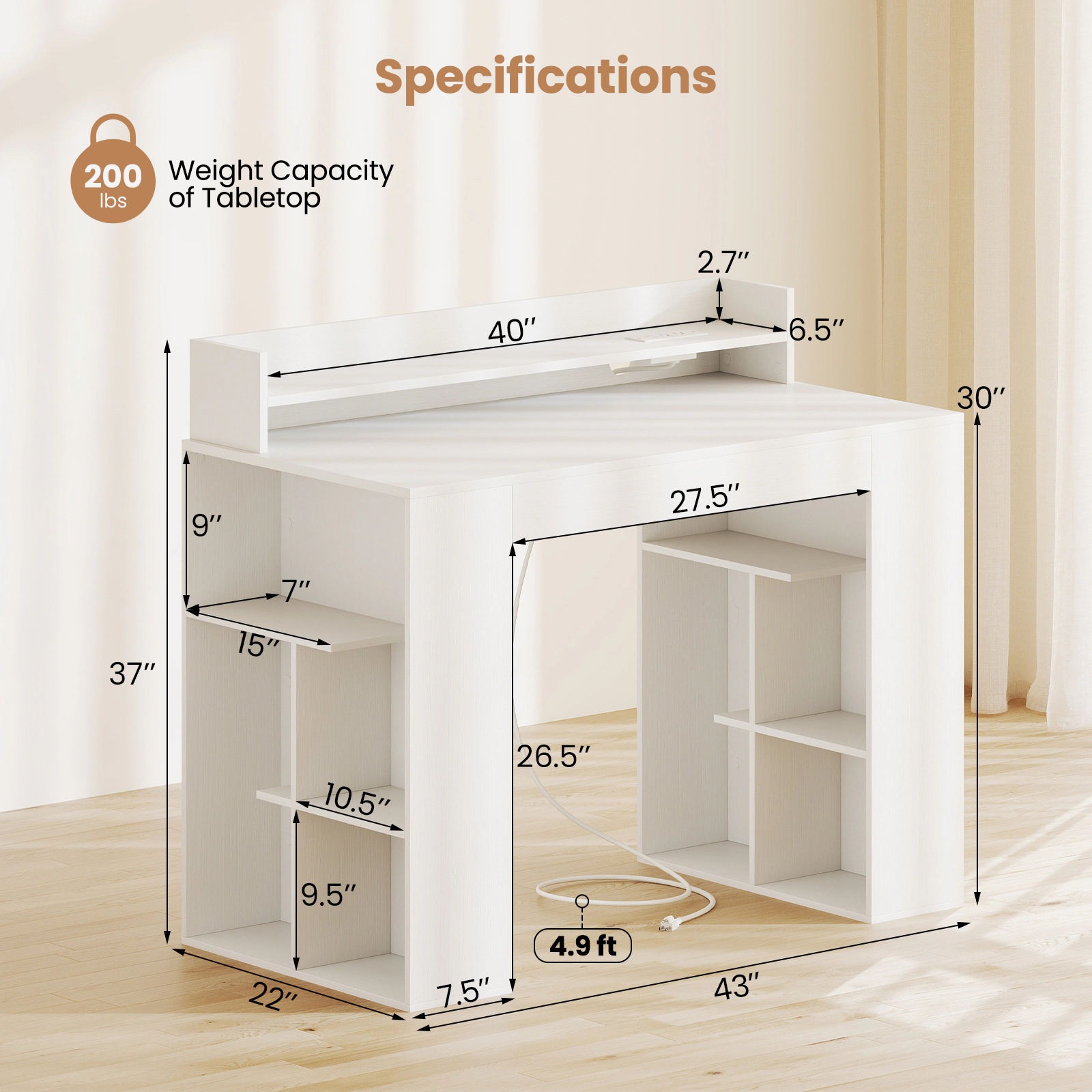 LJG 43 Inch Computer Desk with Power Outlets and 2 Bookcases