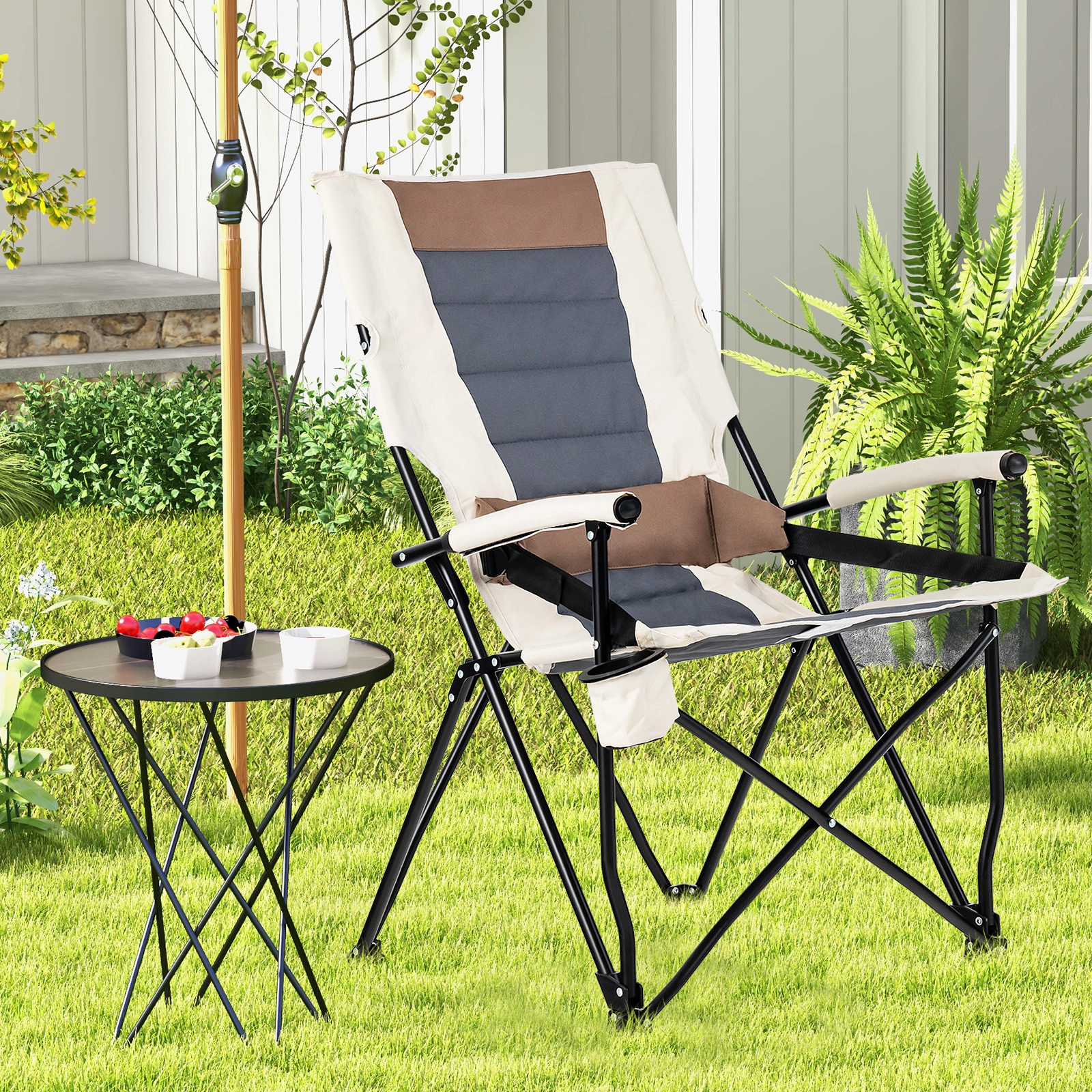 SUGIFT White Folding Camping Chair with Lumbar Pillow and Cup Holder 25-in W 28.5-in D 40-in H 330-lb Seat Capacity