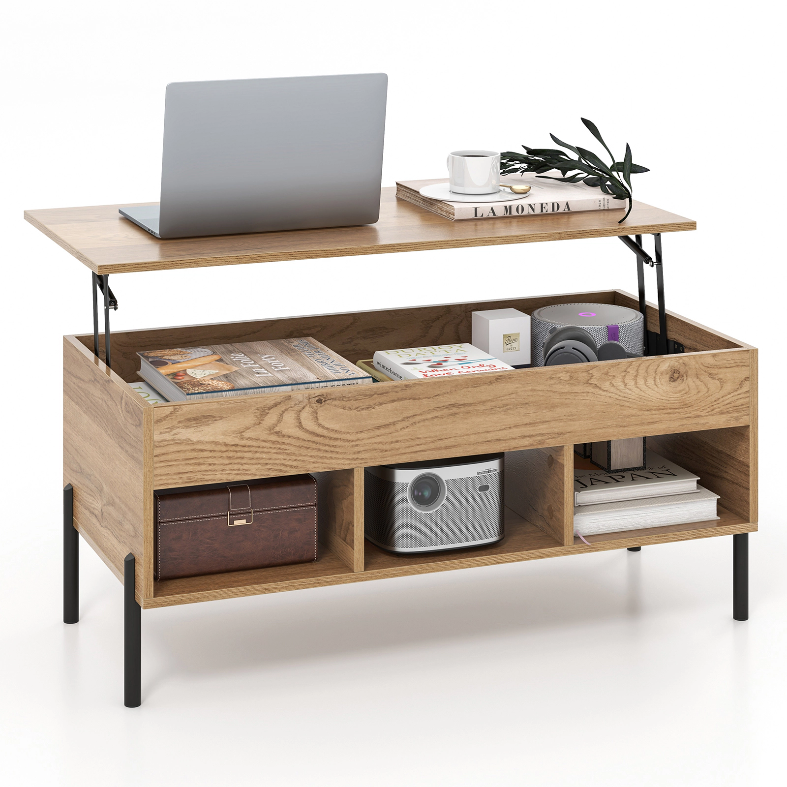Glintex 39.5-Inch Lift-Top Coffee Table with 3 Open Cubbies and Metal Legs, Natural