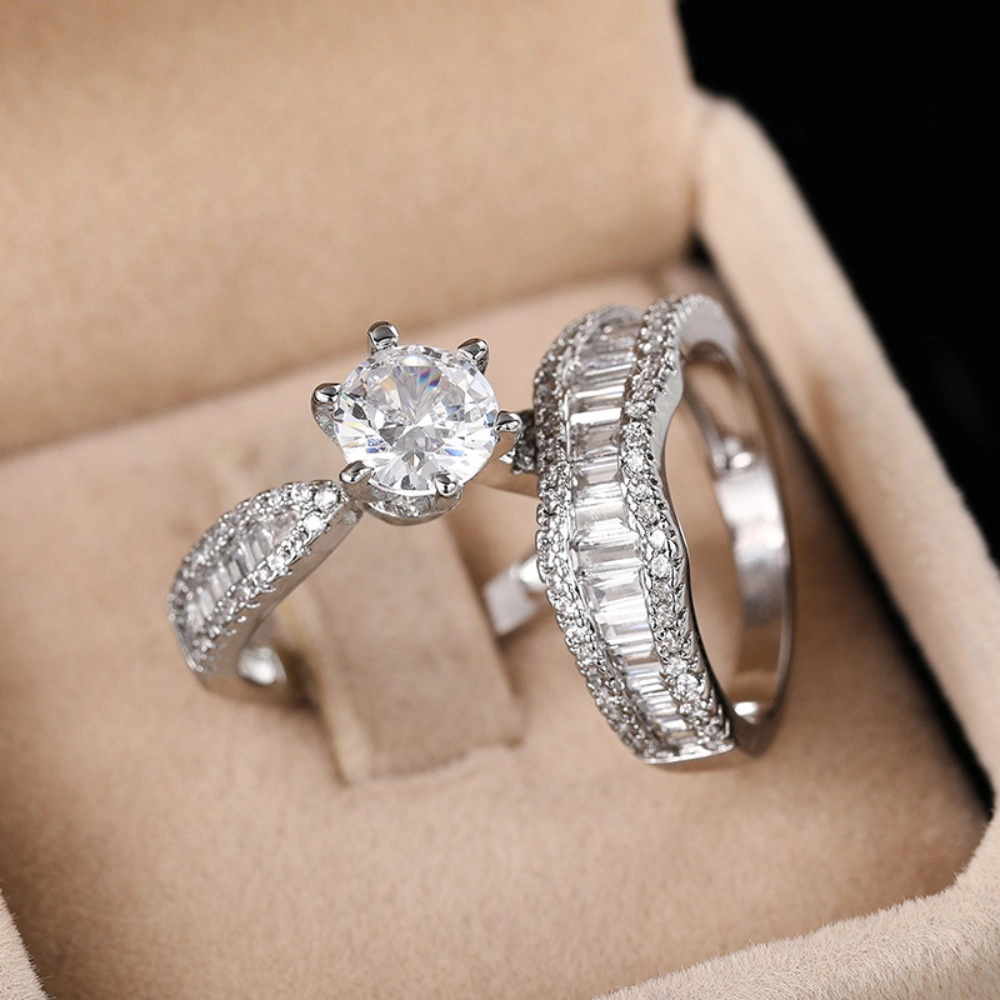 White Gold Plated Two-in-One Halo Wedding Promise Ring for Women