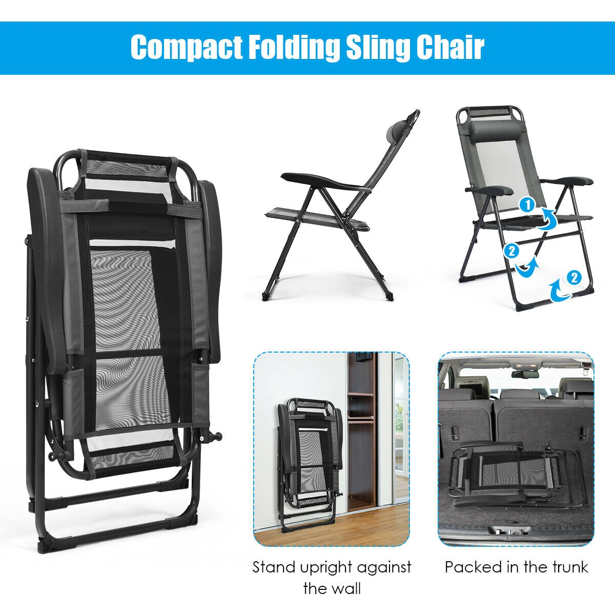 SUGIFT 7-Position Adjustable Reclining Folding Sling Patio Chair 300-Lb Capacity with Headrest Gray and Black
