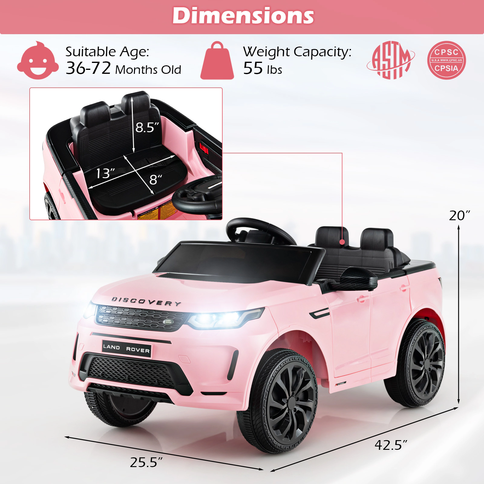 SUGIFT 12V Kids Ride On Car with Remote Control Land Rover Styling 55-lb Capacity Ages 36-72 Months 42.5-in Body Pink