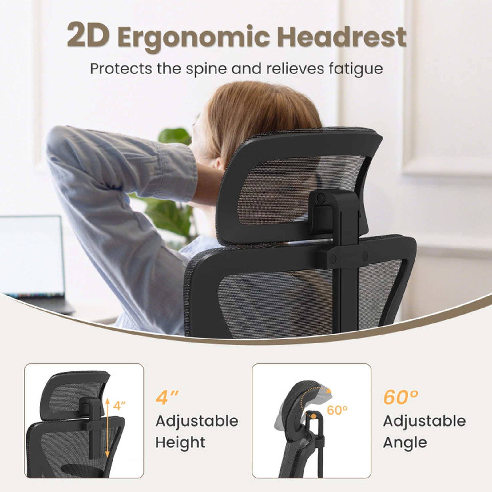 SUGIFT 350-lb Capacity Black Breathable Mesh Ergonomic Desk Chair with Adjustable Lumbar Support and 2D Headrest