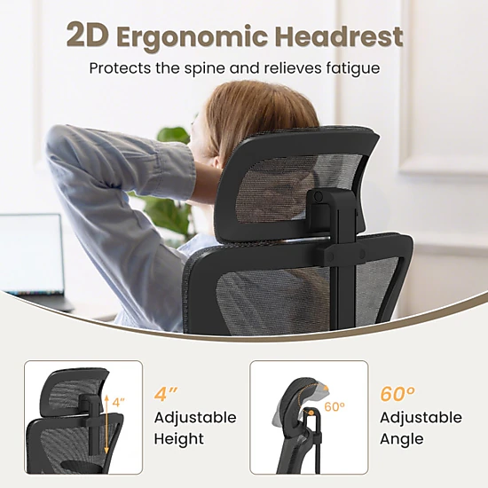 SUGIFT 350-lb Capacity Black Breathable Mesh Ergonomic Desk Chair with Adjustable Lumbar Support and 2D Headrest