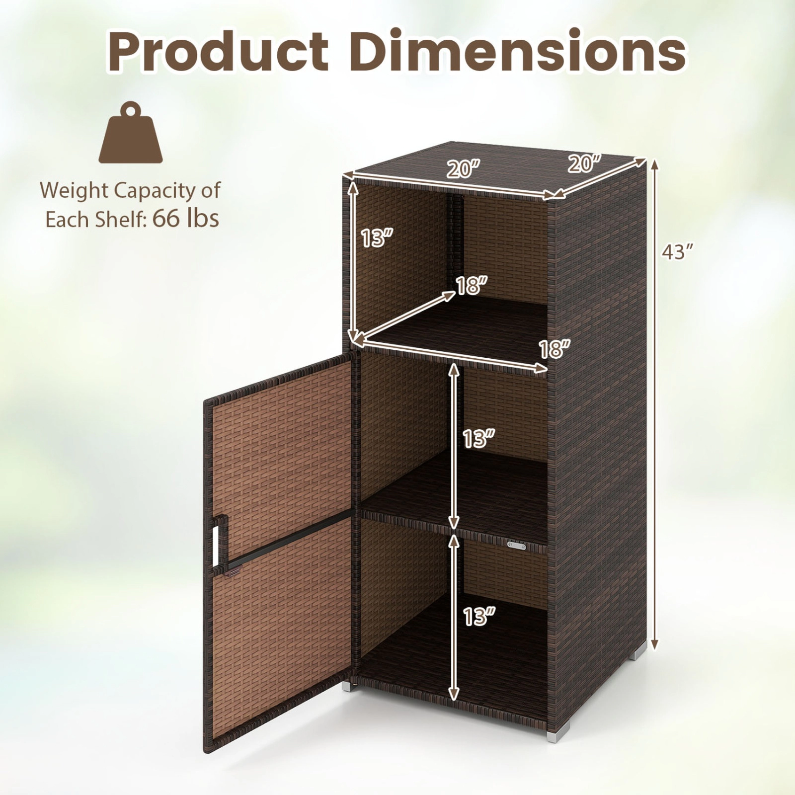 SUGIFT Open Compartment Enclosed Door PE Wicker Outdoor Patio Storage Cabinet 20-in x 20-in x 43-in 66-lb Shelf Brown