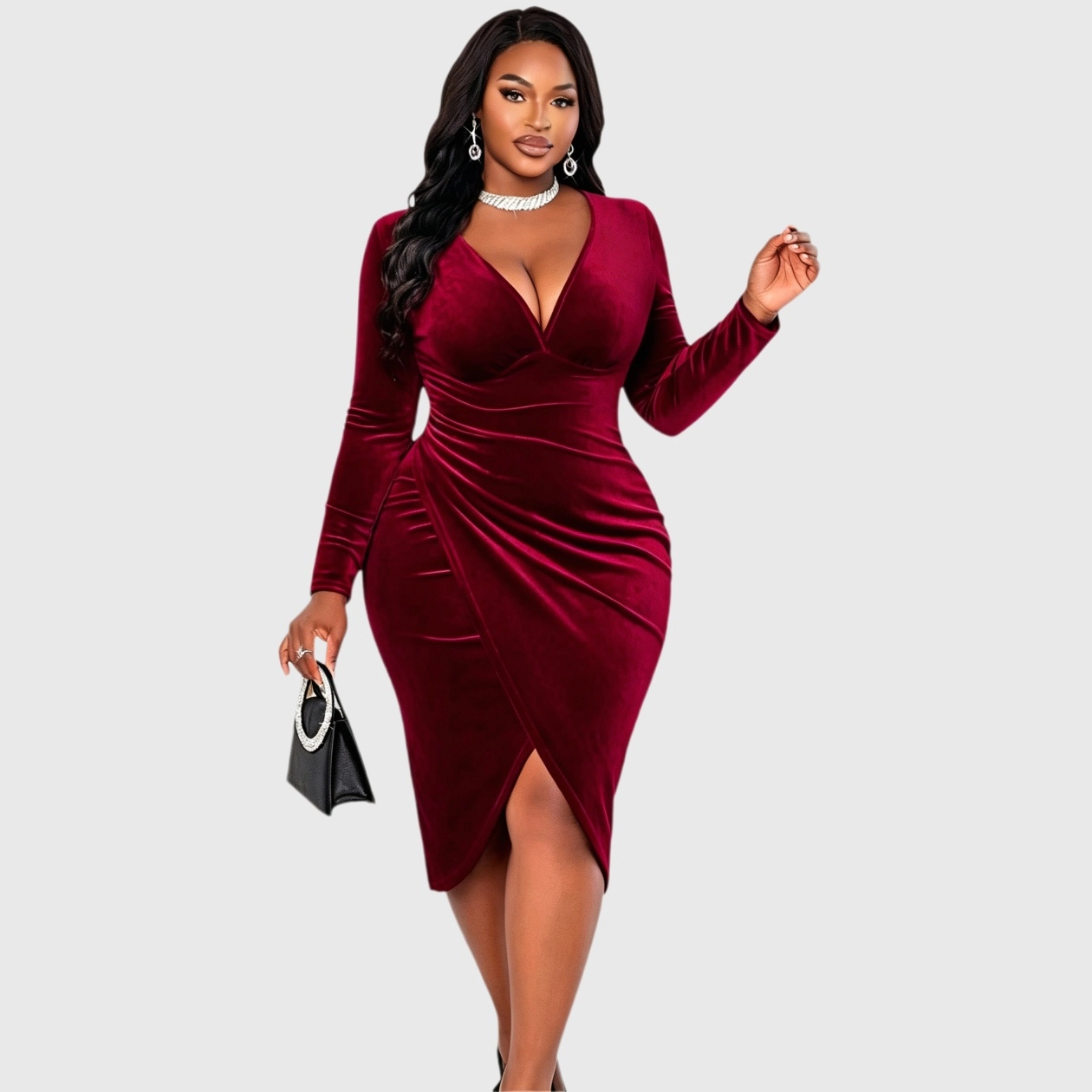 YesFashion Womens Plus Velvet Dresses Casual V Neck Long Sleeve Ruched Bodycon Cocktail Party Dress