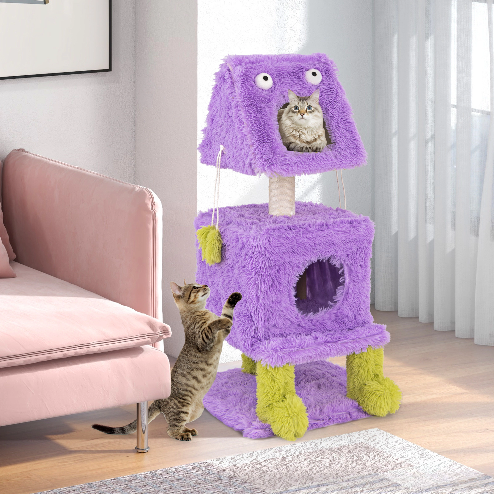 SUGIFT Monster Cat Tower Purple 44 in with 2 Private Condos and Plush Covering