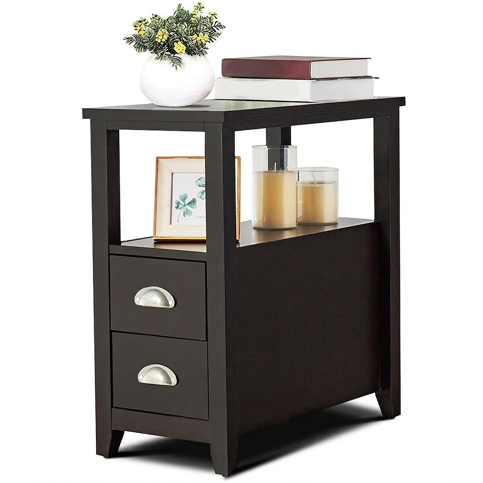 SUGIFT Set of 2 Dark Brown End Tables, 24 in Sofa Side Tables with Drawer and Open Shelf
