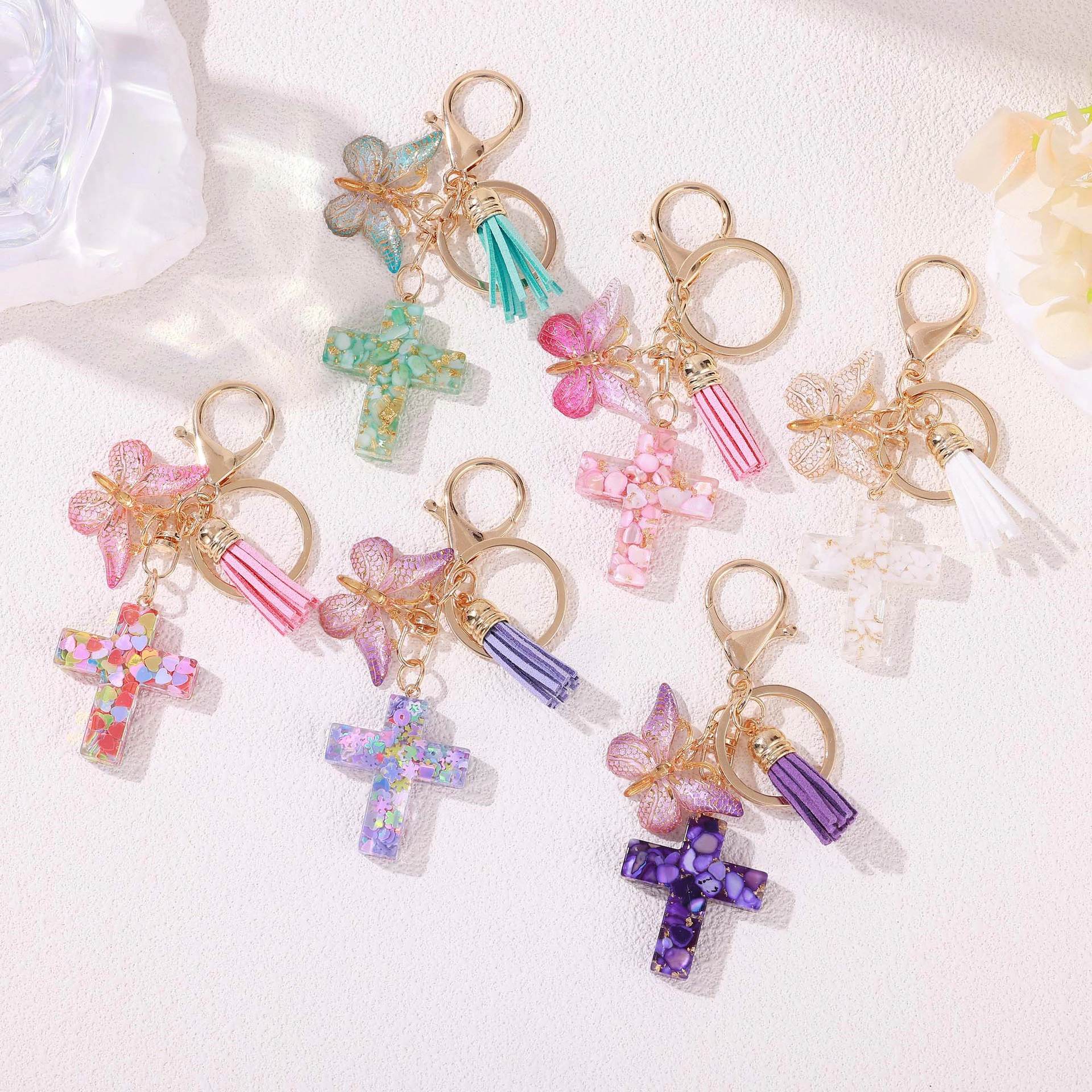 Wardrobe Whimsy Cross Keychain Colorful Resin Butterfly Tassel Keyring