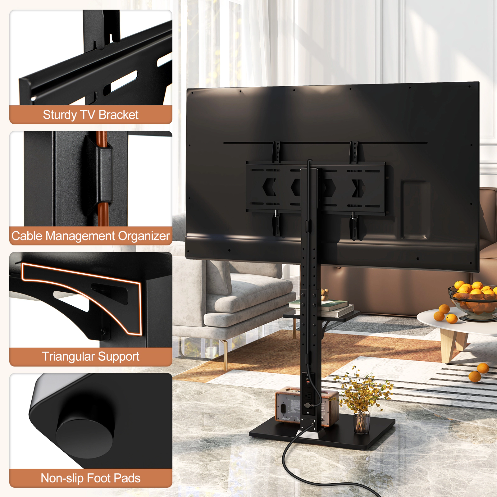 SUGIFT Tilt and Height Adjustable Floor TV Stand with Power Outlet and AV Shelf 110-lb Capacity Black