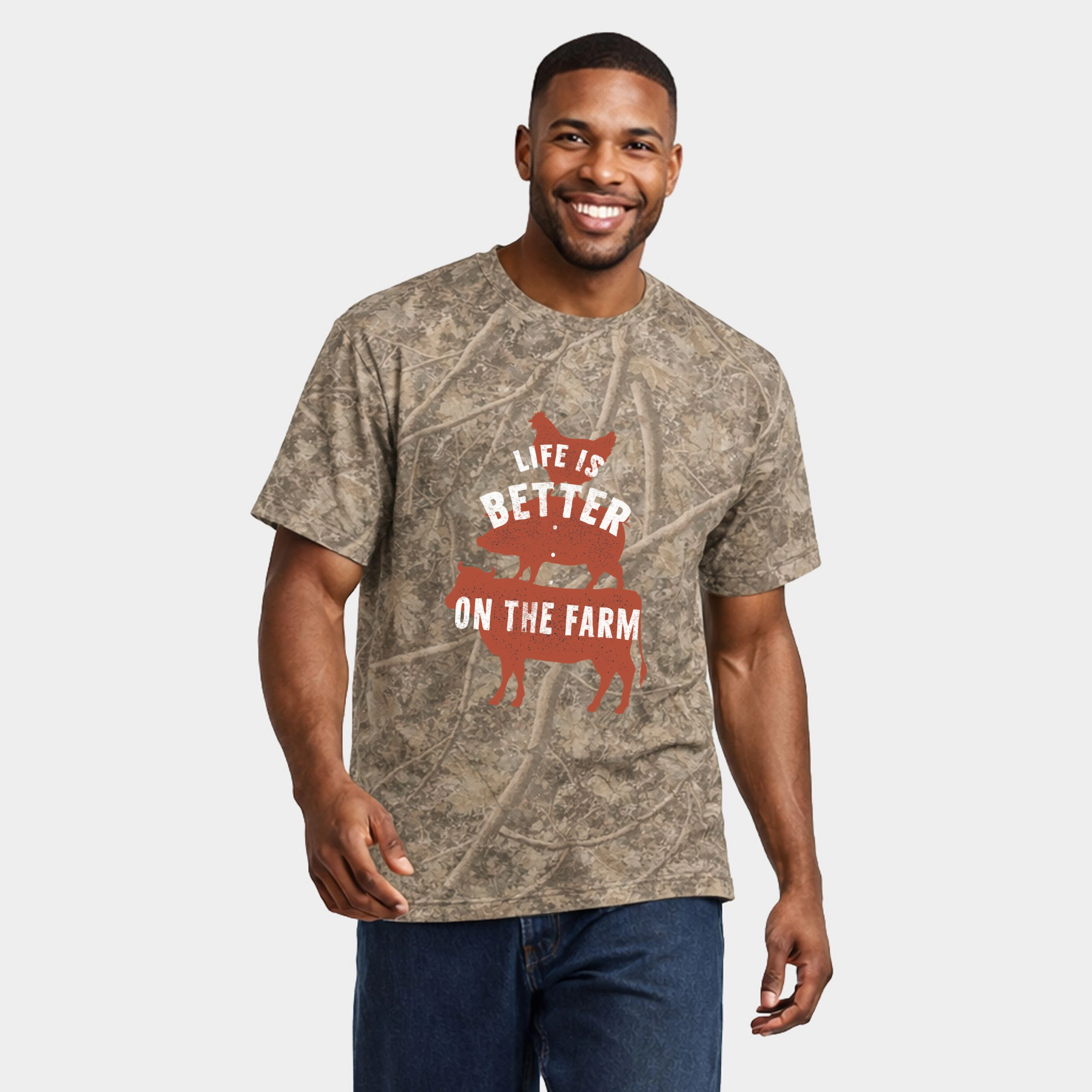 Simply Sage Market - Men's Heavyweight Camo Tee Life Is Better On The Farm Colorful