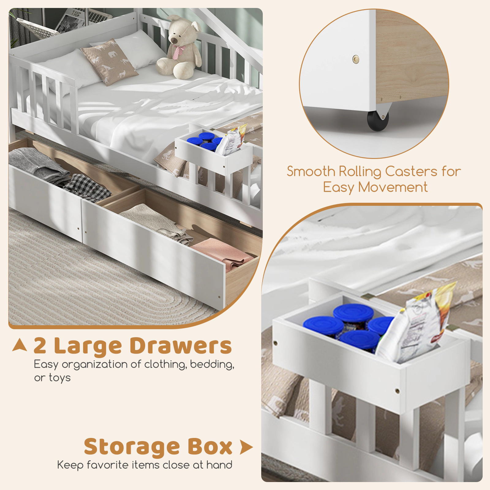 SUGIFT House-Shaped Twin Bed Frame with Roof and Fence Rails 200-lb Capacity with 2 Storage Drawers White