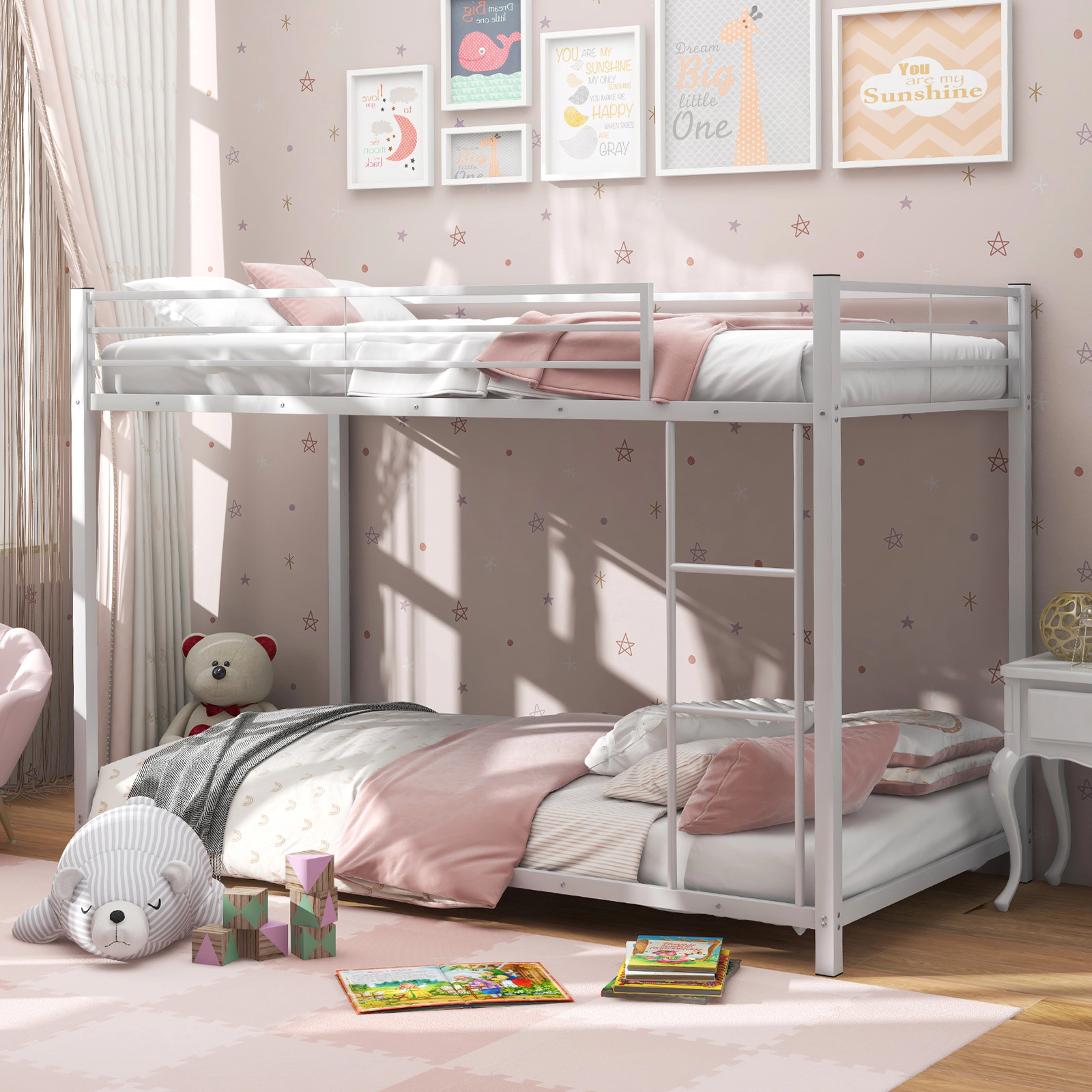SUGIFT Twin-Over-Twin Low-Profile Metal Bunk Bed, White