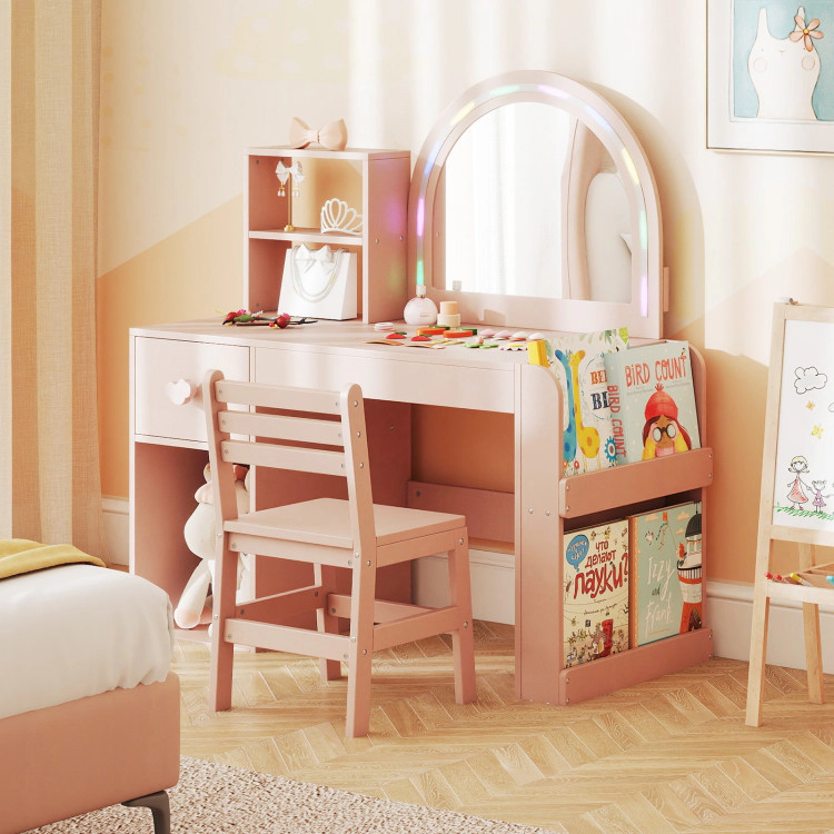 Hivvago Kids Vanity Table And Chair Set With Lighted Mirror For Aged 3+ Years Old