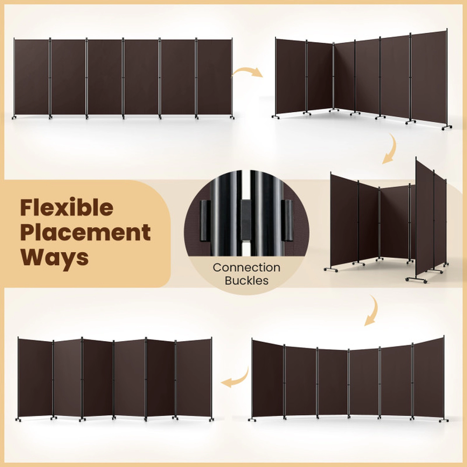 SUGIFT Coffee 6-Panel 71.5-in Tall Folding Room Divider Partition Screen on Wheels with Buckle Hinges